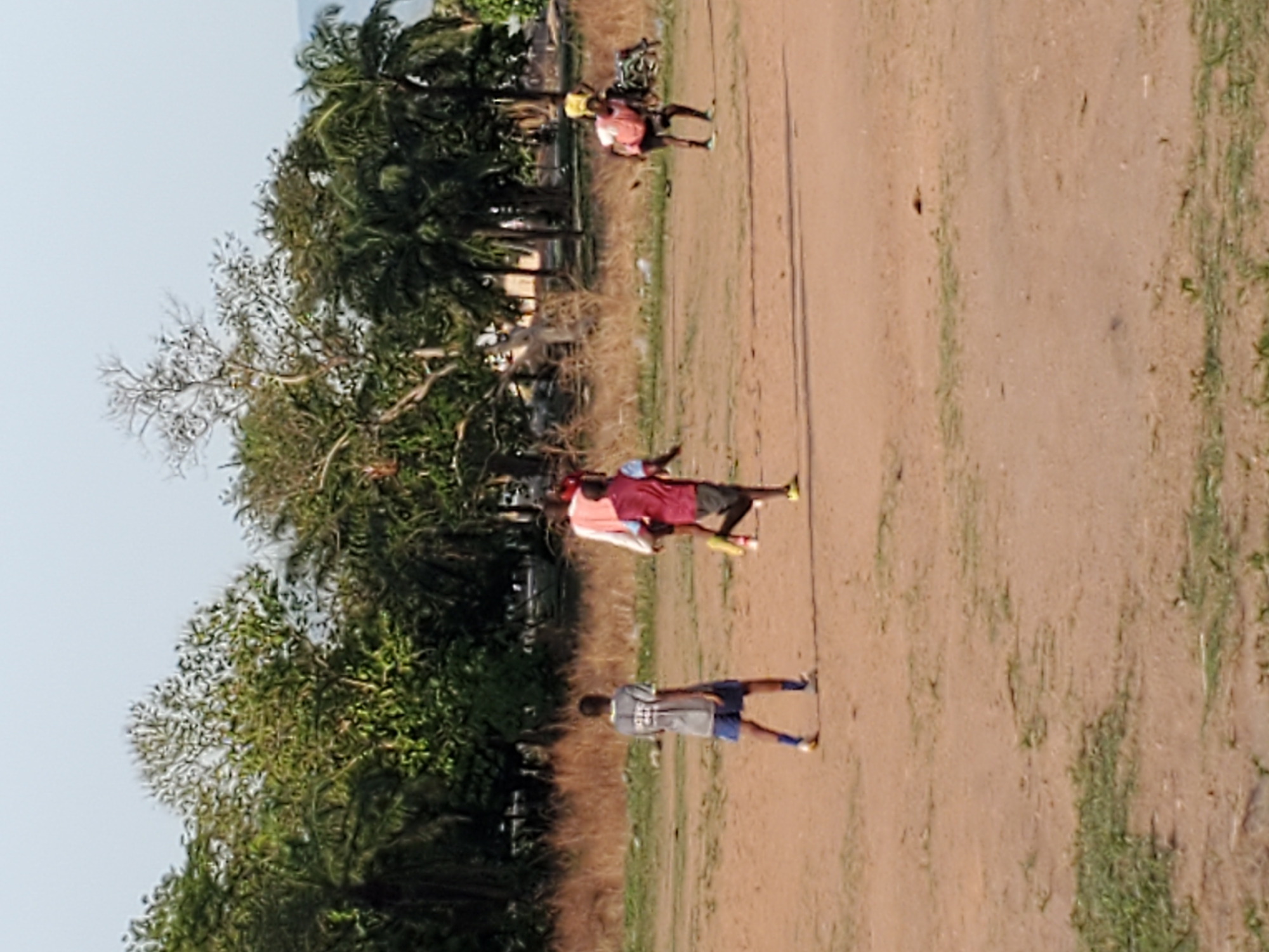 An outdoor scene in Mararaba, Nigeria, depicts three individuals on a dry, unpaved dirt field, bordered by lush green trees and some distant structures under a clear, bright sky. The lighting suggests it is daytime, possibly late afternoon, given the overall soft illumination.
In the foreground, slightly left of center, a person wearing a grey t-shirt and blue shorts is standing or walking. Further back and to the right, another individual is seen wearing a red shirt layered over a white garment, paired with dark shorts. Both appear to be wearing athletic shoes. Closer to the background, a third person is visible, distinguished by a yellow hat, an orange or pink shirt, and dark shorts. A bicycle is partially discernible near this individual.
The background is dominated by a dense line of various trees, including prominent palm trees and other deciduous types, suggesting a tropical or subtropical environment. Behind the trees, glimpses of what appear to be buildings or fences can be seen. The ground is mostly bare earth with patches of dry grass or weeds scattered across it, indicating an open, somewhat undeveloped area used for casual gatherings or recreation. No visible text is identifiable in the image.
