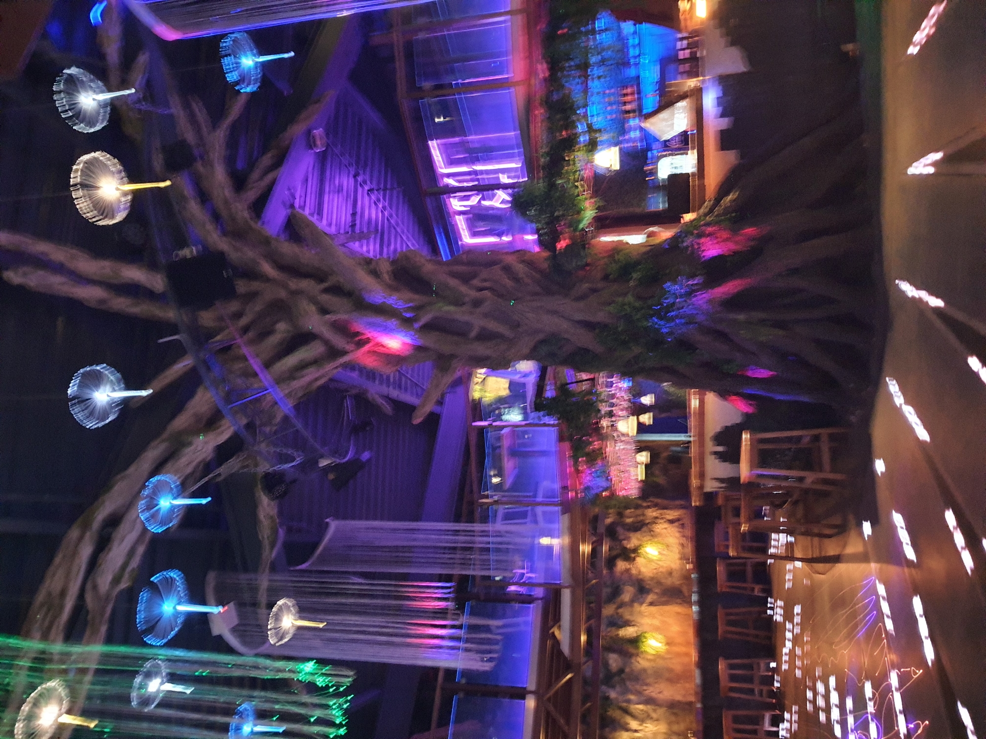 The image depicts the interior of a restaurant in Liski, Russia. A large, faux tree structure with twisting branches dominates the space. Illuminated with changing colored lights, the tree appears to integrate with the architectural elements of the building. Numerous hanging, fiber optic lights provide additional illumination. The right side of the image shows a dining area with tables and chairs. The floor is decorated with light patterns, likely from LEDs. The overall lighting is dim with colorful accents.