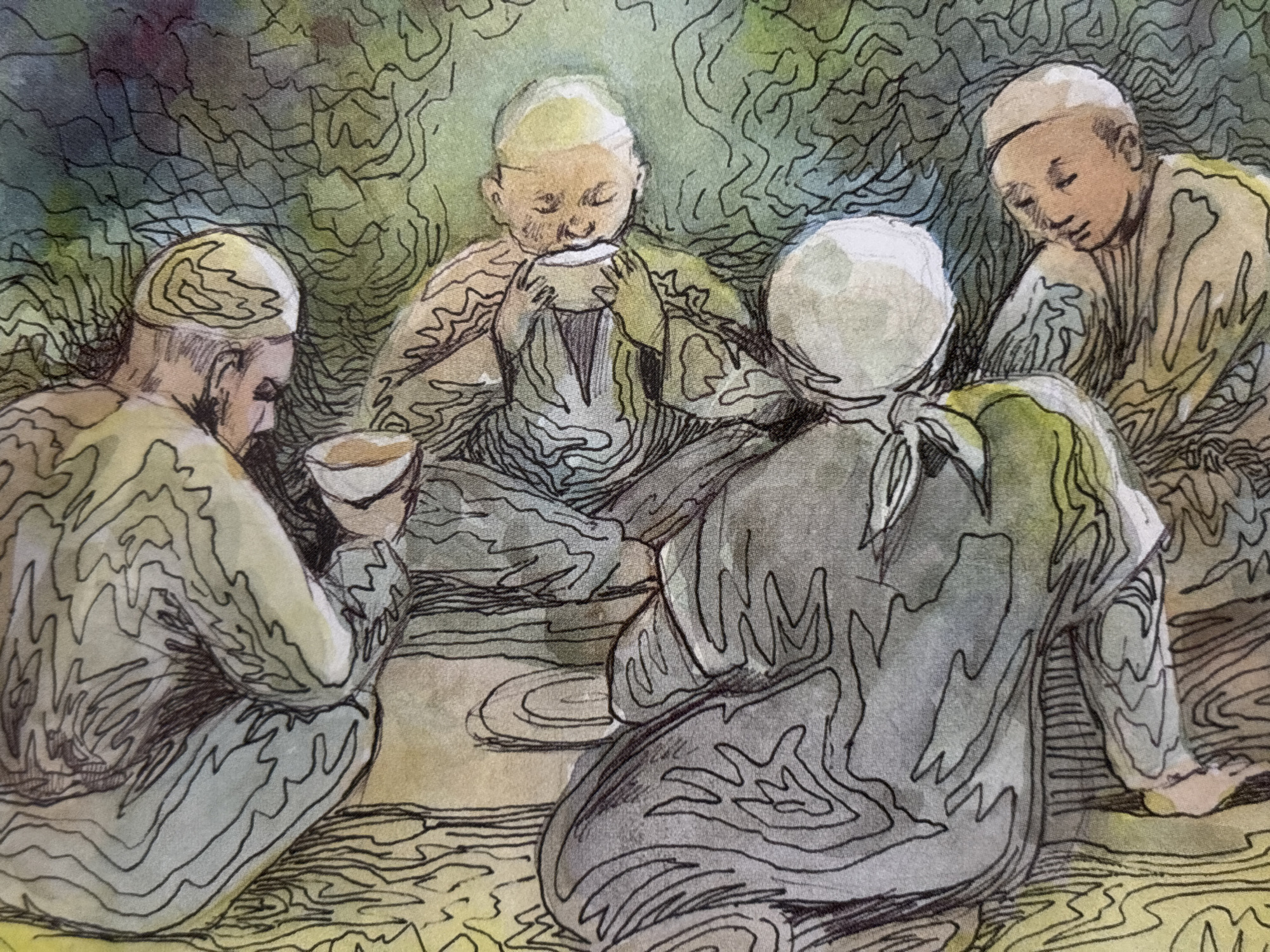 This is a watercolor and ink drawing depicting four individuals seated in a circle, possibly sharing a meal or drink. All four are wearing similar head coverings and loose-fitting garments with intricate, wavy line patterns. The individuals are depicted from the chest up or are partially obscured from view. One person in the center is holding a bowl up to their mouth. Another person to the left is holding a bowl with their hands. The background is rendered in muted green and dark hues with abstract, wavy lines, suggesting a natural, outdoor environment. The scene has a subdued and introspective atmosphere. The drawing does not contain any specific elements that would indicate a location in the city of Жамбыл, Kazakhstan.