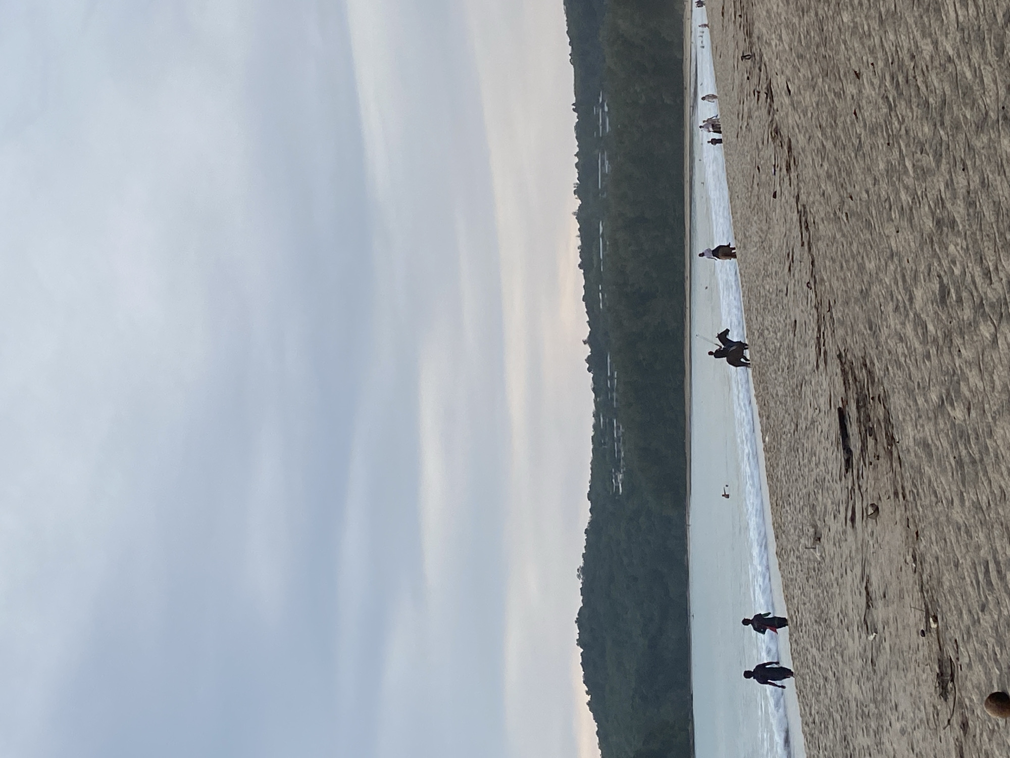 The image shows a beach scene in Choeng Thale, Thailand. The view is oriented vertically. The sky is overcast. Adjacent to the beach is dense, green vegetation. The beach is wide and sandy. Several people are walking along the shoreline. The water is calm.