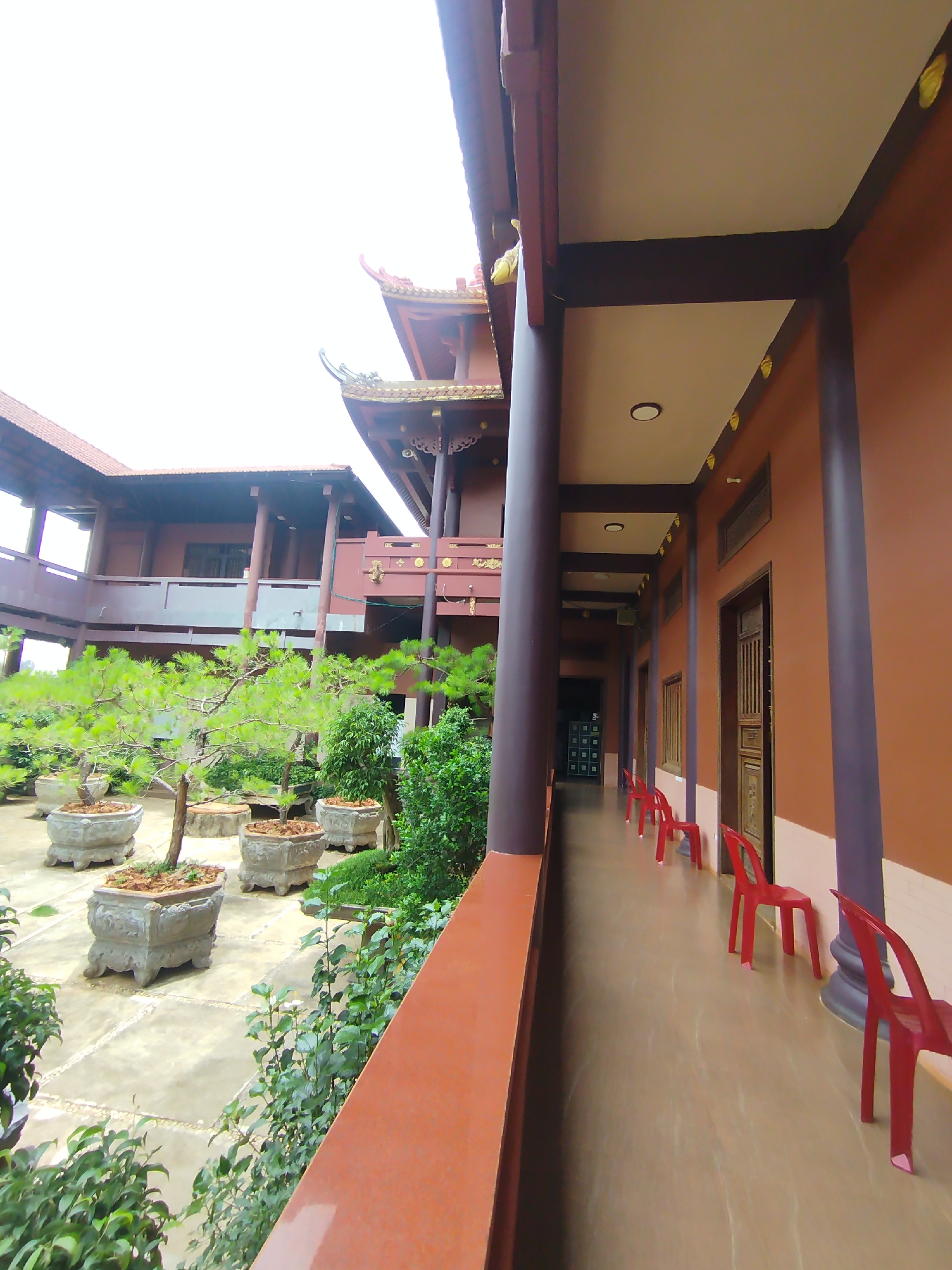 A low-angle, outdoor shot depicts a covered walkway in Dien Hong Ward, Vietnam, featuring a terracotta-colored wall on the right, punctuated by brown-framed doorways and small, rectangular windows. Red plastic chairs line the walkway. To the left, a terracotta-colored railing overlooks a courtyard with bonsai trees in ornate, concrete pots. The architecture includes multiple levels and traditional roof designs with upturned eaves. The sky is overcast.