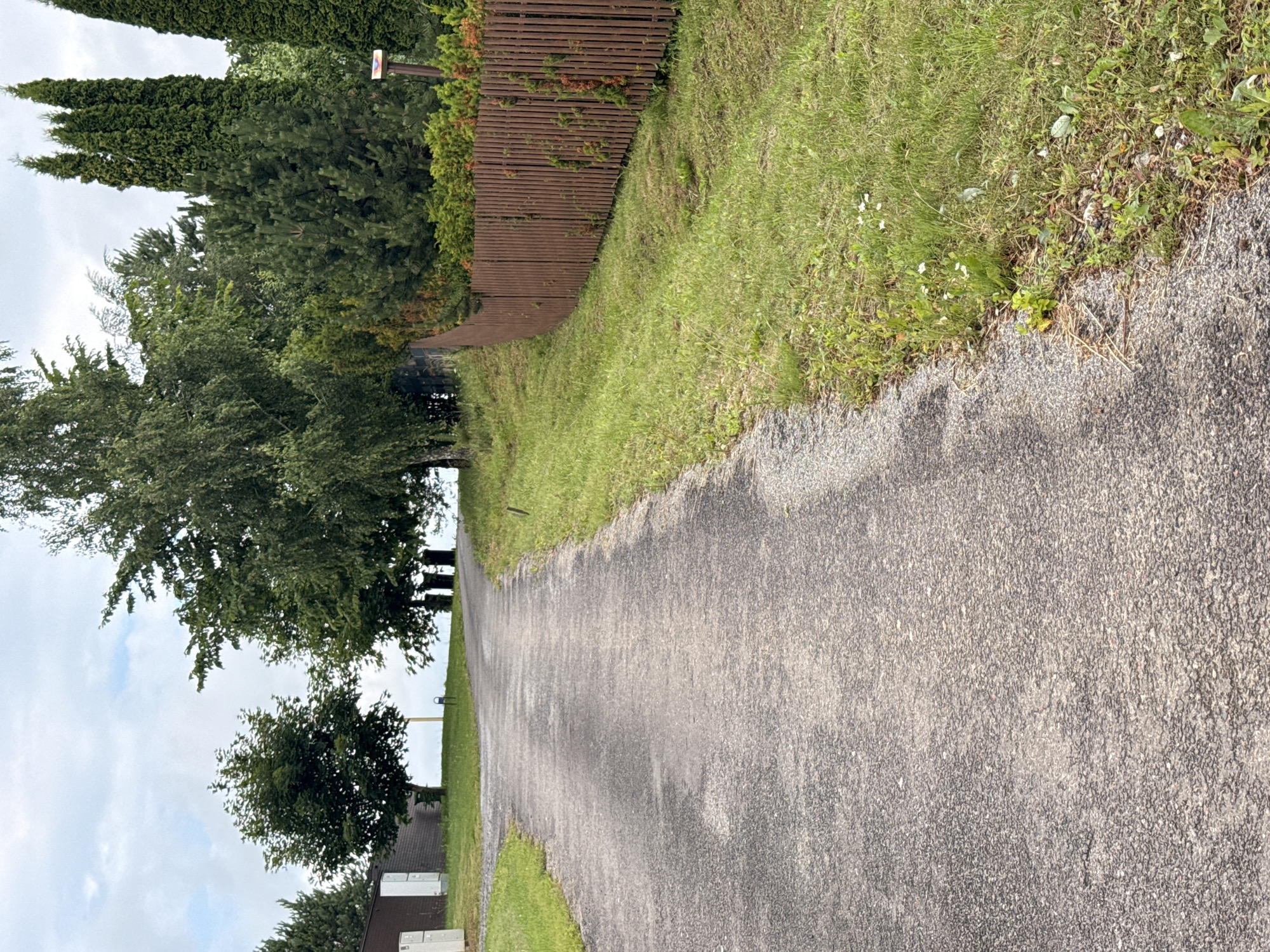The image captures a view of a paved, upward-sloping driveway or road in Aukštieji Rusokai, Lithuania. The driveway is bordered on the right by a tall, reddish-brown wooden slat fence with some overgrown greenery. To the left of the driveway, there is a grassy slope. Further into the background, a cluster of various trees, including deciduous and coniferous varieties, are visible, along with a dark building with white elements on the left. The sky is overcast with a mix of clouds and some lighter patches. The environment suggests a rural or suburban setting.