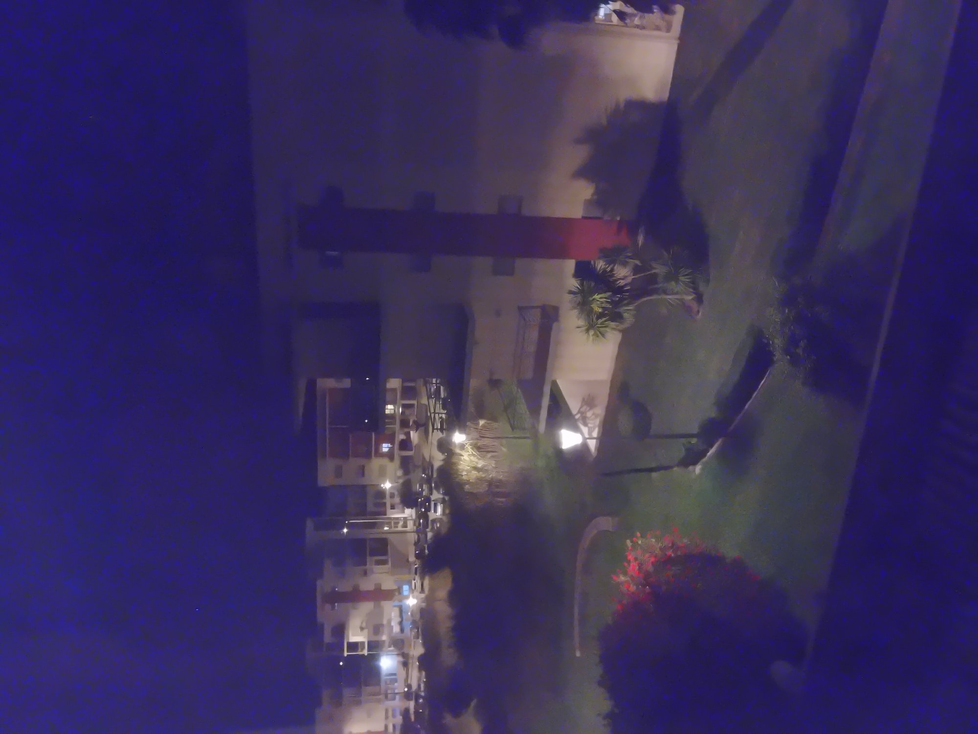 The image shows a night view in Figueira da Foz, Portugal. Residential buildings with illuminated windows are visible on the left, extending into the background. Streetlights illuminate a lawn with plants, including flowers in the foreground. A large, light-colored building with a red pillar is also present. The scene is likely taken from an elevated vantage point.