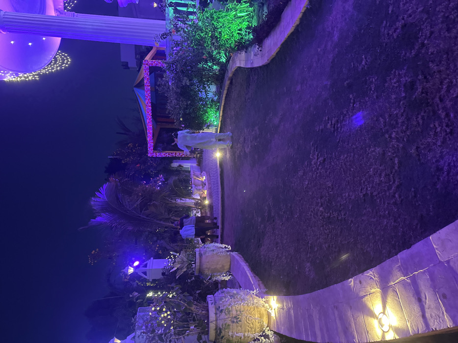 An outdoor nighttime scene in Vadodara, India, showcases a landscaped area illuminated by diverse colored lights. A curved stone pathway, fitted with recessed yellow ground lights, borders a dark green lawn in the foreground and along the left. Large, ornate planters containing foliage, some adorned with white string lights, line this pathway. In the left-middle ground, two individuals wearing dark clothing walk away from the viewer on a paved section, near a palm tree and a white decorative lamp post emitting purple light. A third individual, dressed in light-colored attire, walks away from the viewer in the central-right area of the lawn. Further back, a rectangular archway, decorated with yellow, blue, and pink fabric and floral elements, stands as a focal point. To the far right, a classical white column, part of a building structure, is draped with warm white string lights and illuminated by purple light. Surrounding bushes and shrubs along the right are highlighted by green spotlights. The sky overhead is dark, with ambient blue and purple light cast across the scene.