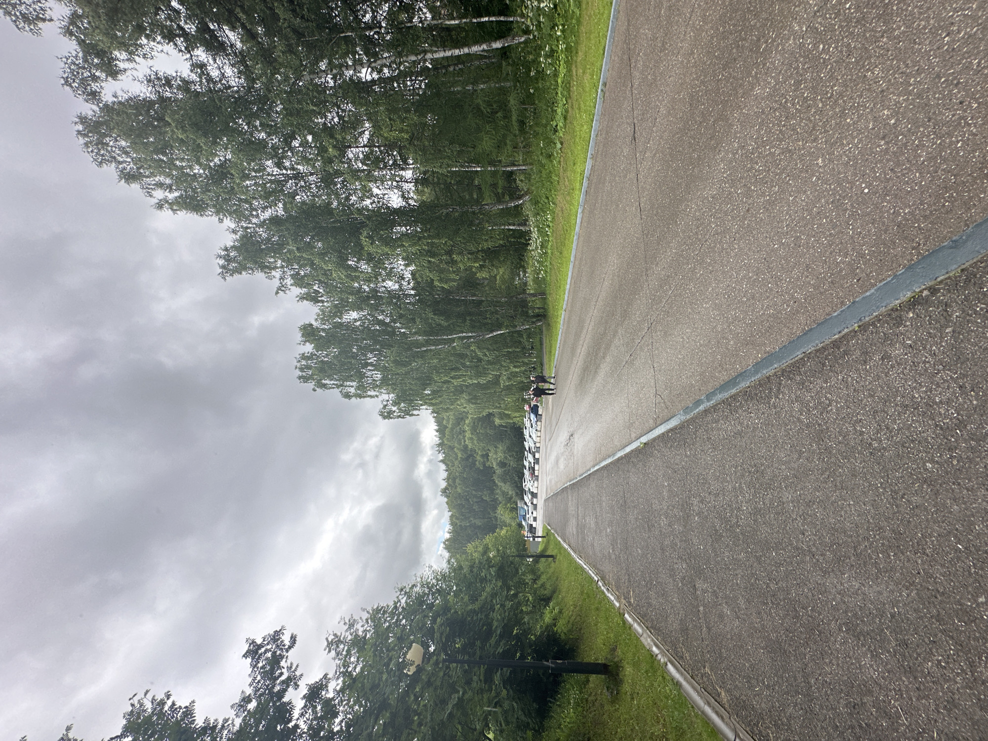 A paved pathway leads forward into a parking lot filled with cars. Trees line the right side of the pathway, with more trees and a wooded area visible in the distance. The sky is overcast and cloudy. Two individuals are walking away from the camera, towards the parking lot. A lamppost is visible on the left side of the pathway.