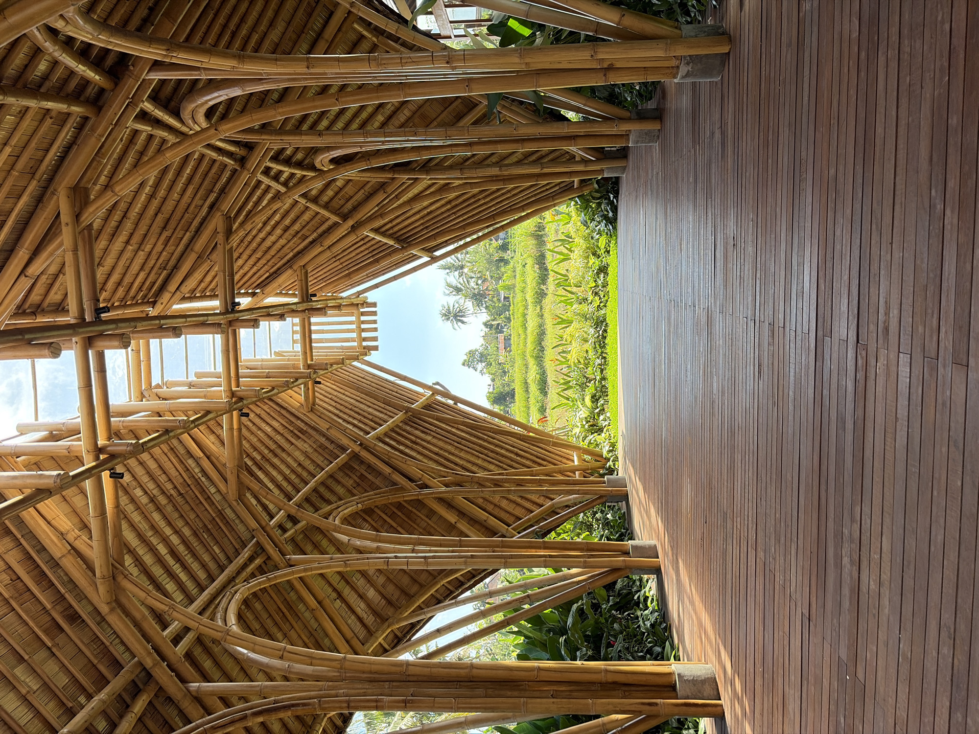 An interior perspective captures a walkway constructed of polished brown wood planks, leading towards an open, arching structure made of natural bamboo. The bamboo elements are arranged in a decorative, skeletal pattern, supporting a thatched roof. The walkway is flanked by lush green foliage. Through the bamboo archway, a vibrant green rice field stretches into the distance, dotted with scattered palm trees and small buildings under a clear blue sky with wispy clouds. The overall scene suggests a tropical, possibly rural setting within the Ubud District of Indonesia. There are no people visible in the image.