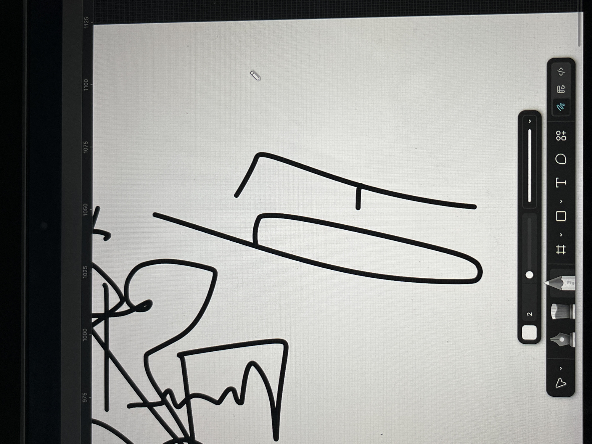 The image shows a close-up of a digital drawing interface, likely on a tablet. The screen displays black lines that appear to be part of an abstract drawing or sketch. On the right side of the screen, there is a toolbar with various drawing tools, including a brush size slider and icons representing different brush types. The left side of the screen shows a scale with numbers ranging from 975 to 1125. A small icon of a pencil is also present in the upper center of the screen.
There are no identifiable features or elements in the image that would indicate a specific location in Sofia, Bulgaria.