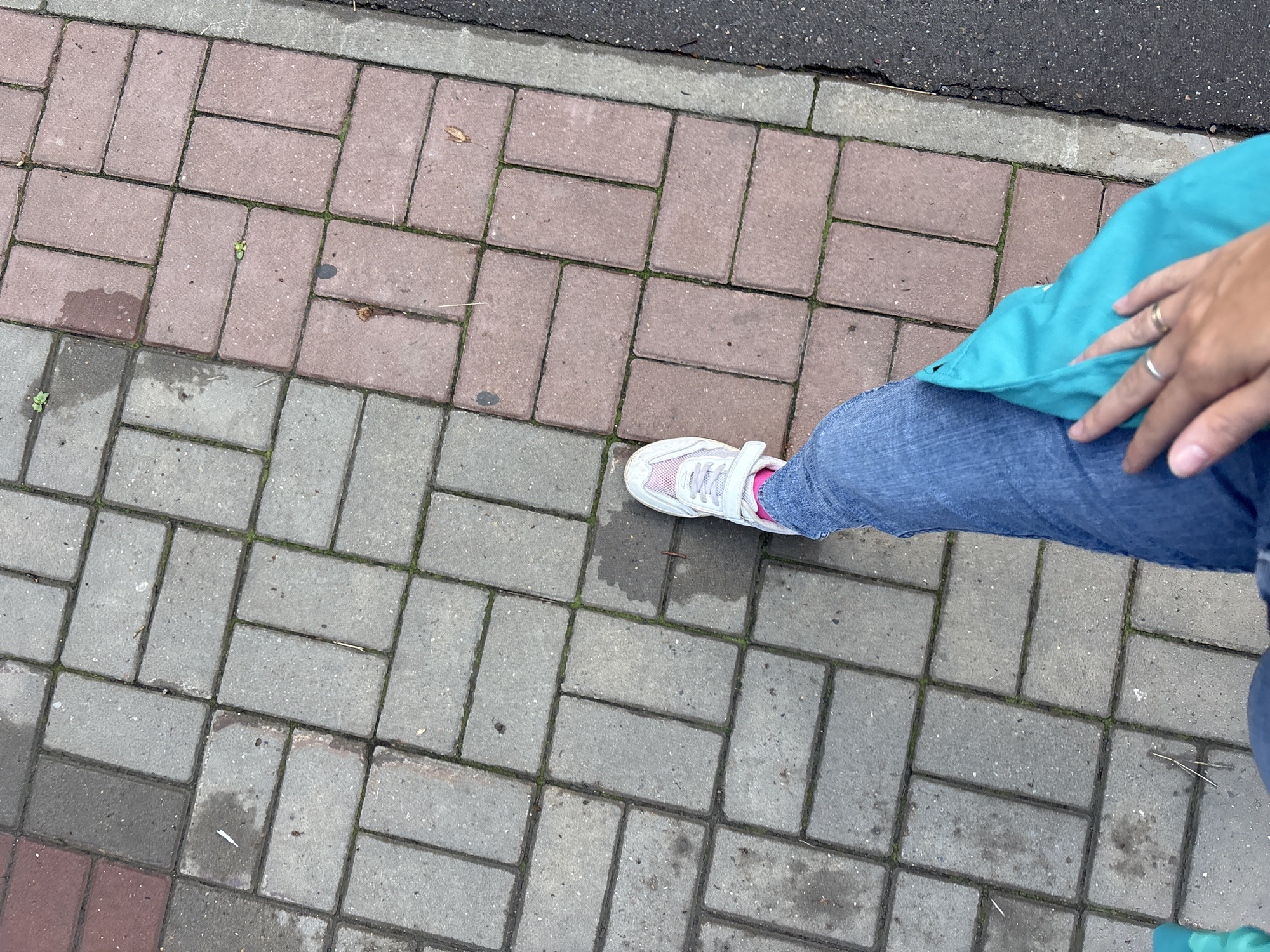 An overhead shot shows a person's legs and feet walking on a sidewalk. The sidewalk is paved with two different colors of rectangular bricks, gray on the left and reddish-brown on the right, arranged in a herringbone pattern. The person is wearing blue jeans, white sneakers with pink accents, and a bright turquoise bag. Their left hand is visible in the lower right corner of the frame, resting on the bag and adorned with two rings. The ground appears slightly damp in places, and there are small specks of green moss growing between the bricks. The scene suggests an outdoor environment, possibly a city street or park, in Naberezhnye Chelny, Russia.