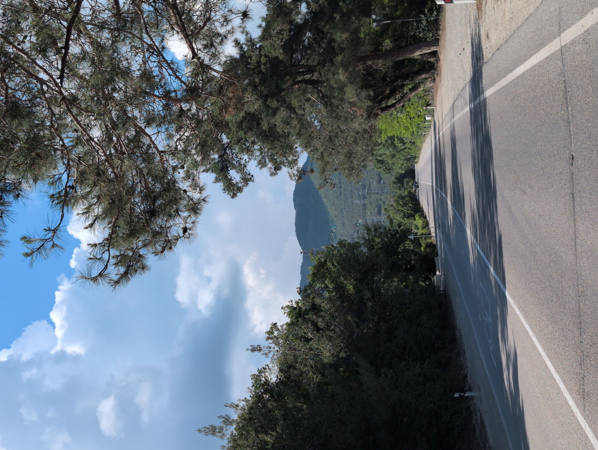 This image depicts a scenic road in Gelendzhik, Russia, likely on a sunny day. The road is paved and has white lane markings. On either side of the road, there are lush green trees and foliage. In the background, mountains are visible under a bright blue sky with scattered clouds. A few vehicles are seen on the road in the distance. The overall impression is one of a tranquil, natural landscape with a well-maintained road.