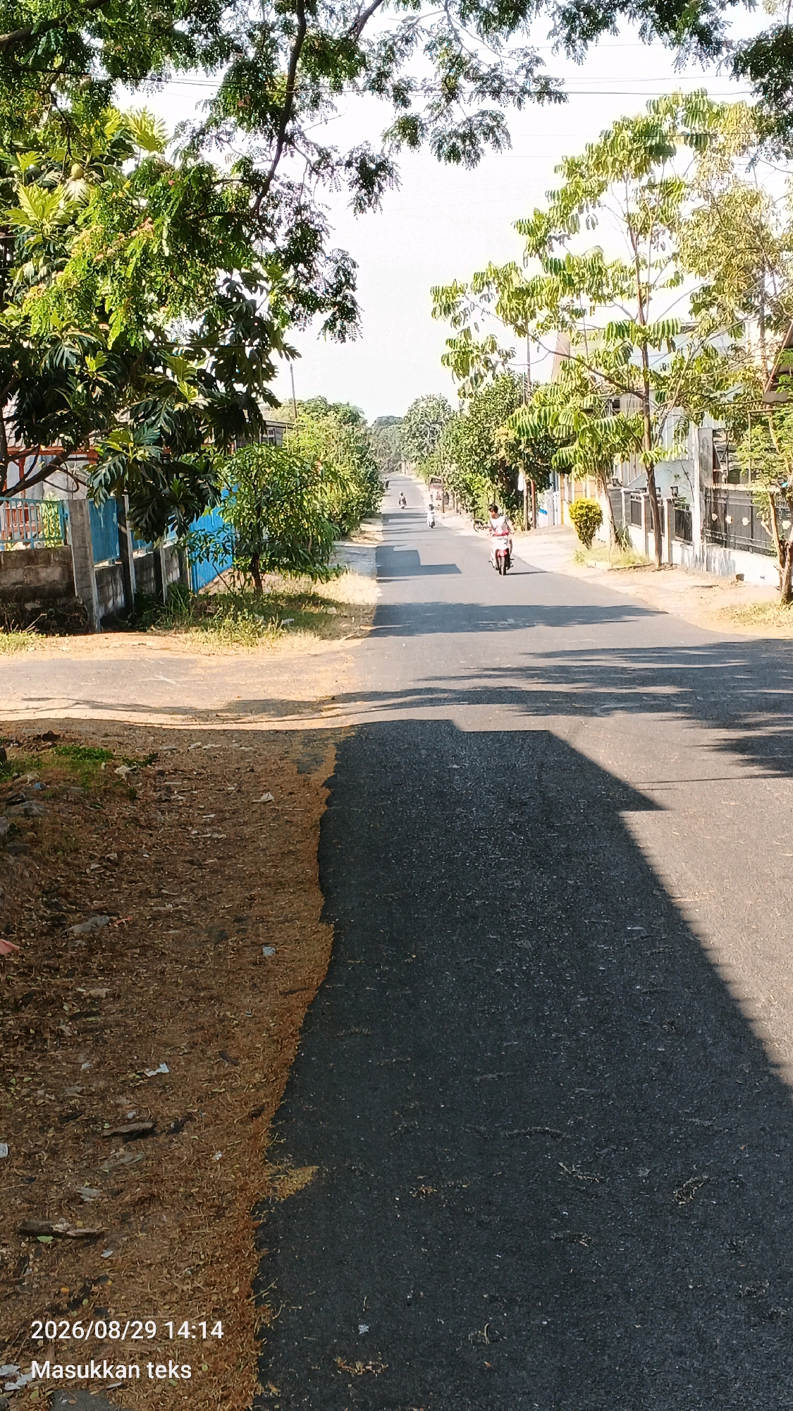 A sunlit, tree-lined street in Sumberporong, Indonesia, shows a few motorcycles traveling on the asphalt road. On the left side of the road, a blue fence and a low wall border a property with green foliage. The right side of the road is lined with houses and fences, with more trees and vegetation. The road itself is mostly clear, with a few scattered leaves and debris on the shoulder. A prominent shadow of a tree or structure stretches across the road from the right. The image is dated 2026/08/29 at 14:14.