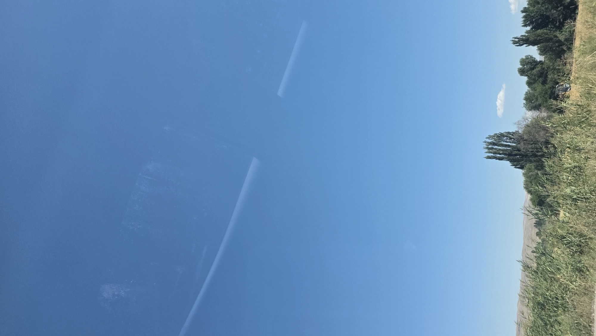 The image shows a clear blue sky with some faint, horizontal lines that appear to be reflections on a window. Below the sky, there is a landscape with a line of green vegetation, including tall grasses and trees. The trees are varied in height and density, with a particularly tall cluster of slender trees on the right side of the frame. In the background, there are rolling hills that appear arid and sparsely vegetated. The overall scene suggests an outdoor environment, possibly a roadside view in a rural area. There are no people or animals visible in the image. The location is identified as Birdik, Kyrgyzstan.