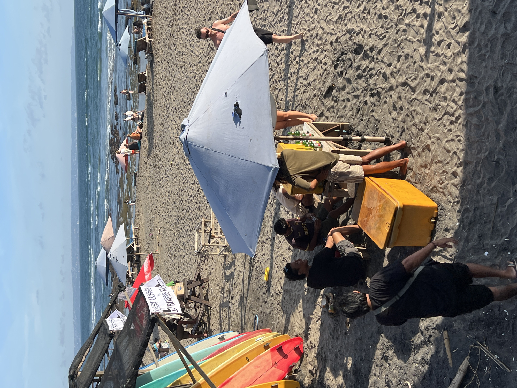 This image was taken in North Kuta, Indonesia on a beach, likely in the Canggu area, characterized by its volcanic black sand. The foreground reveals an assortment of surfboards stacked in a rack alongside signs. To the right, a group of five people are seated on the beach around a yellow container, partially shaded by a light-colored beach umbrella. Numerous empty bottles and cans are scattered on a wooden table.
Further into the frame, beach umbrellas punctuate the scene along the shoreline where people are relaxing. The ocean meets the shore along the horizon. The sky is clear.