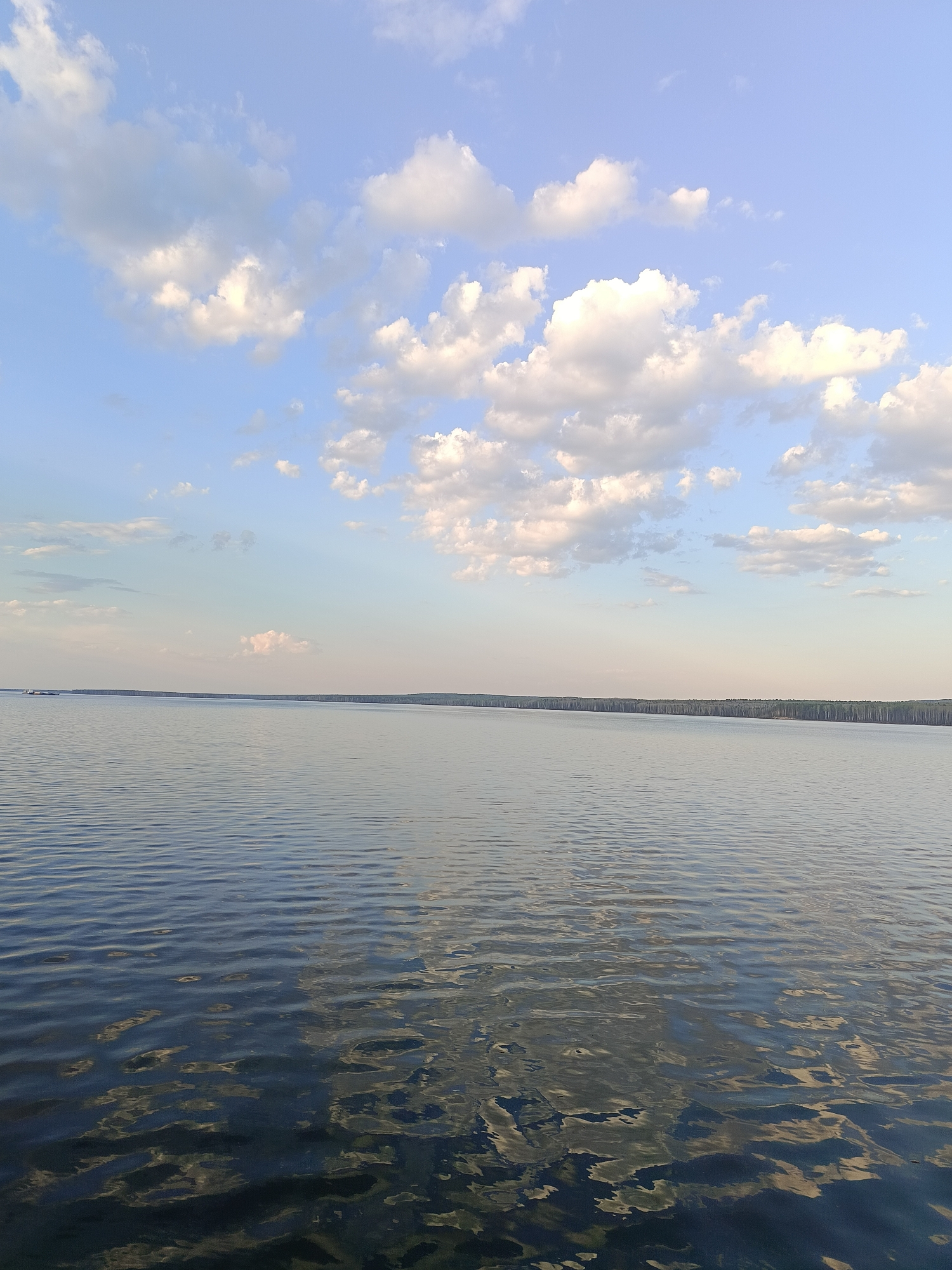 The image shows a body of water, most likely a lake or large river, under a sky with scattered clouds. The water surface has ripples and reflects the sky. A treeline is visible in the distance on the opposite shore. Based on the prompt, this is likely a location in the city of Chaikovsky, Russia. No people, specific subjects, or objects besides the natural environment are evident in the frame. There are no actions or interactions depicted.