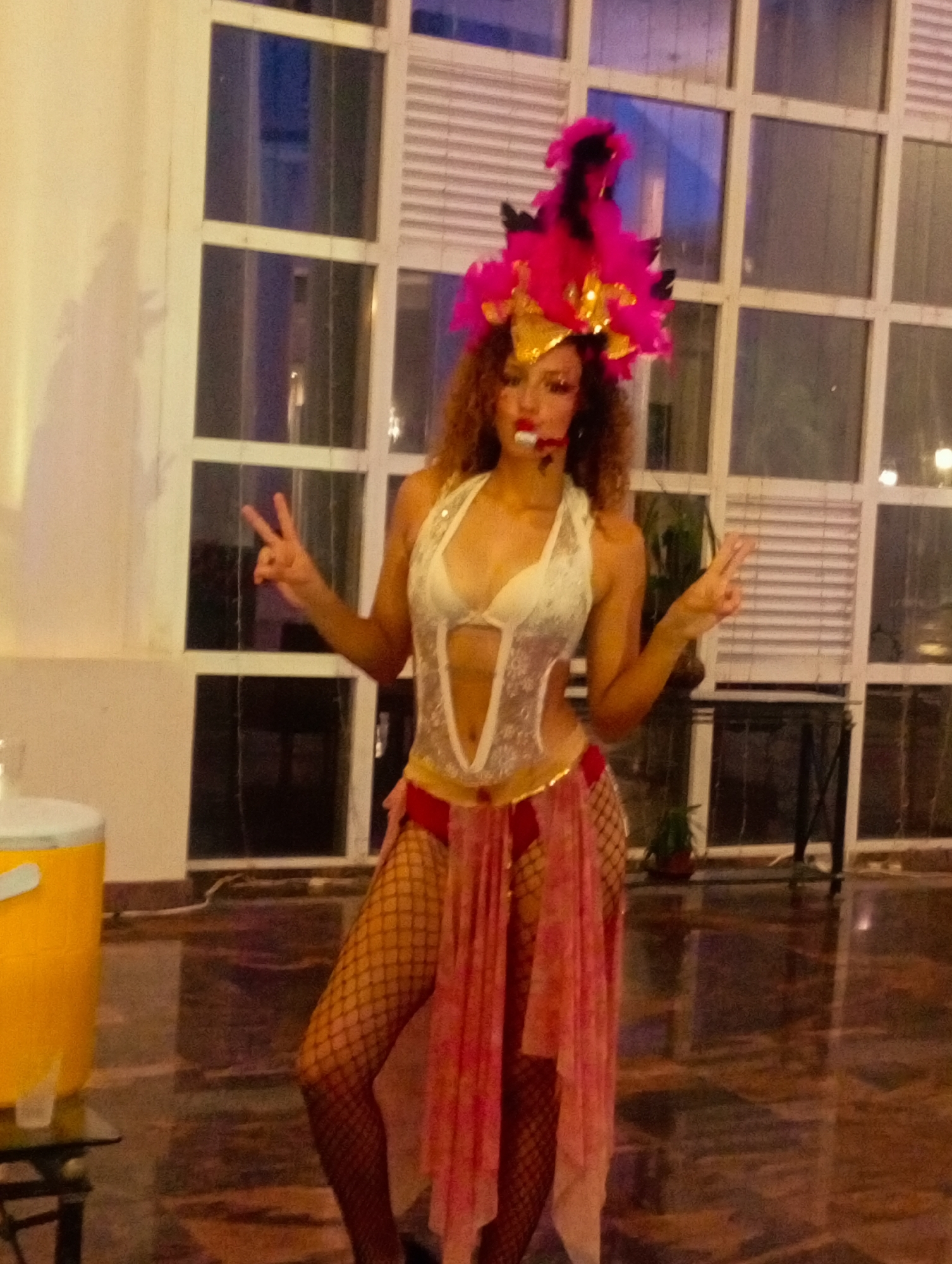 A woman stands indoors, giving the peace sign with both hands. She wears a white lace bodysuit with red and gold accents, fishnet stockings, and a pink headdress with black feathers. Her makeup includes what appears to be fake blood at the corner of her mouth.
Behind her is a large grid-patterned window with white frames. To her left is a yellow cooler on a small table. The floor appears to be polished stone.
While the location is stated as Pedro González, Venezuela, details within the image do not provide specific information that independently confirms this.