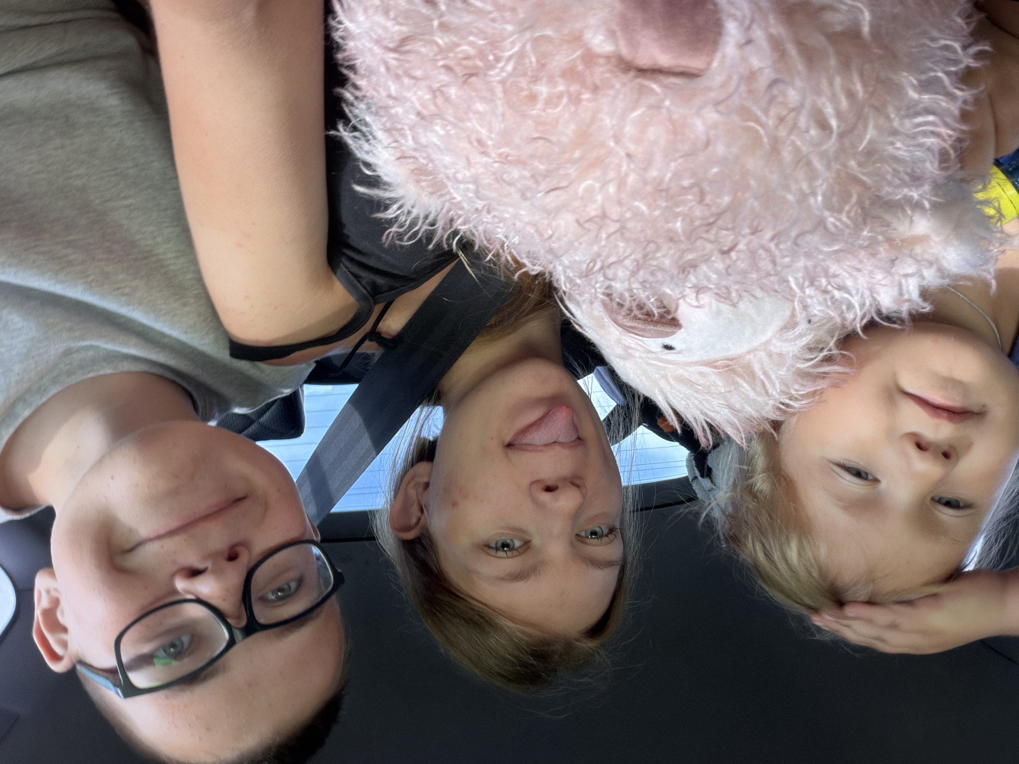 Three individuals are seated in the back seat of a car, with the camera angled to capture a selfie. The person in the center, a young woman, is sticking her tongue out at the camera. To her left, a young child is being held, with a pink stuffed animal in their arms. To the woman's right, a young boy wearing glasses is smiling at the camera. The interior of the car is visible, including seatbelts and the back of the front seats. The background outside the car appears to be a bright sky, suggesting it is daytime. The location is not specified in the image or the prompt.