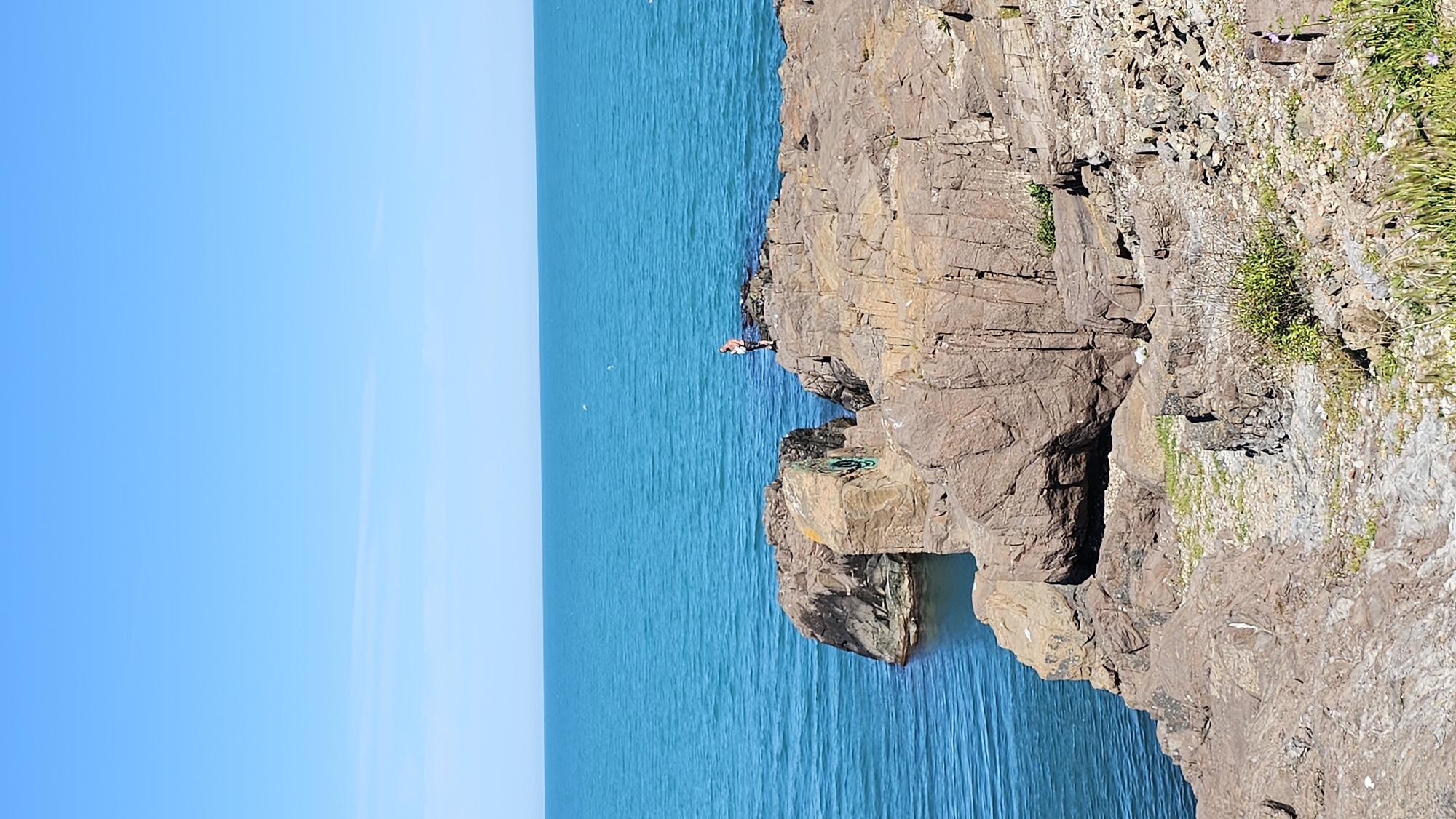 The image captures a rocky cliff face meeting the turquoise sea under a clear, bright blue sky. The coastline, presumably in Sozopol, Bulgaria, shows a mix of light brown and gray rocks forming the cliff, with some vegetation growing near the top edge. A single person stands on a promontory extending slightly out into the water near the center of the frame. The water appears calm with gentle ripples.