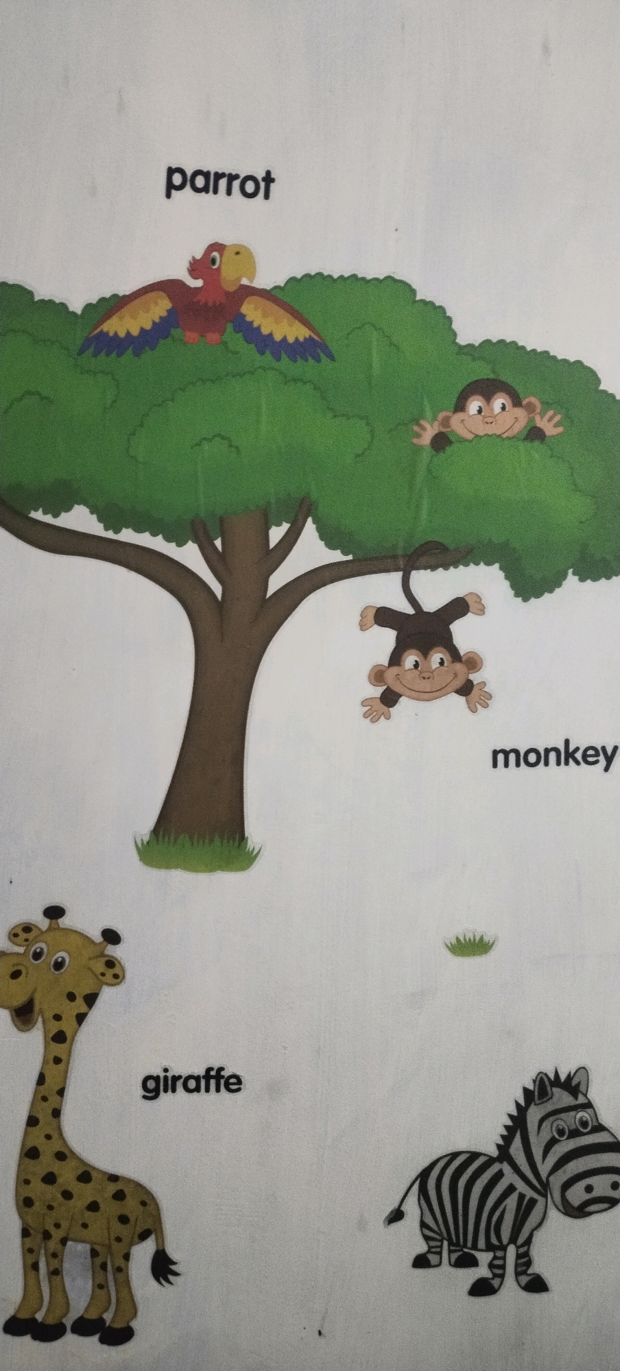 The image displays a page from a children's book or educational material featuring cartoon illustrations of various animals and their names. In the upper portion of the image, the word "parrot" is written, accompanied by a colorful parrot perched on a green tree. Below the parrot and within the branches of the same tree, two monkeys are depicted: one hanging from a branch and another peeking out from behind the leaves. To the right of the tree, the word "monkey" is written. In the lower left, the word "giraffe" is labeled, with a cartoon giraffe standing next to it. To the right of the giraffe, a zebra is illustrated, though no label is present for this animal. The background is plain white. The image does not contain any elements that would indicate a specific location in Daleman, Indonesia, or any other geographical area.