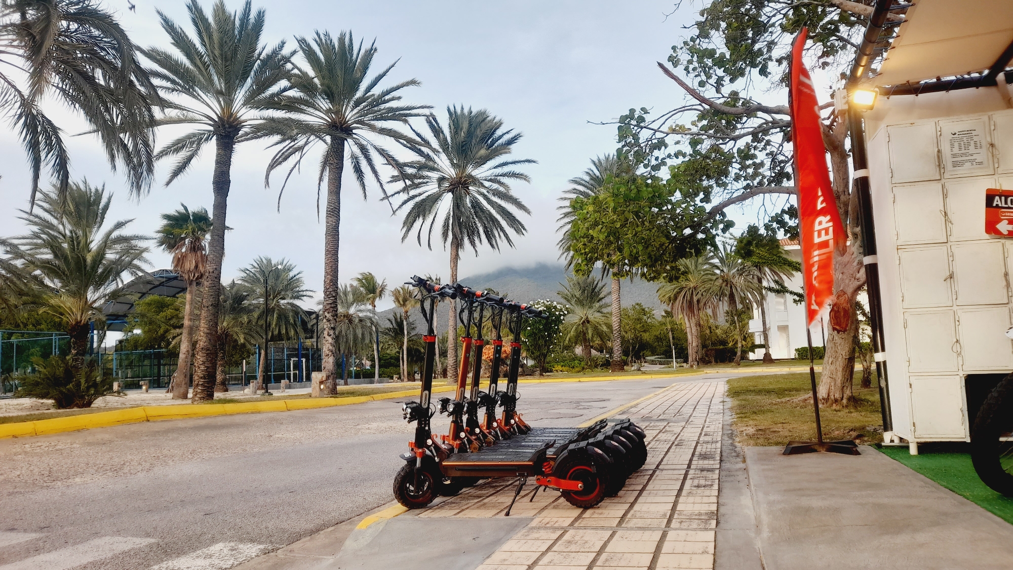 An outdoor scene in Pedro González, Venezuela, features a row of parked electric scooters on a patterned sidewalk. The scooters are predominantly orange and black with visible handlebars, lights, and wheels. To the left of the scooters, a yellow curb runs alongside an asphalt road. Palm trees are abundant throughout the image, with some reaching high into the overcast sky. In the background, there are buildings, a sports facility with a covered roof, and a mountain range shrouded in mist. A red flag with white lettering, partially obscured, is planted near a white structure with multiple compartments, possibly a storage or rental unit, which has a sign indicating "ALQUILER" with an arrow pointing left. The overall environment suggests a tropical, possibly tourist-oriented location.