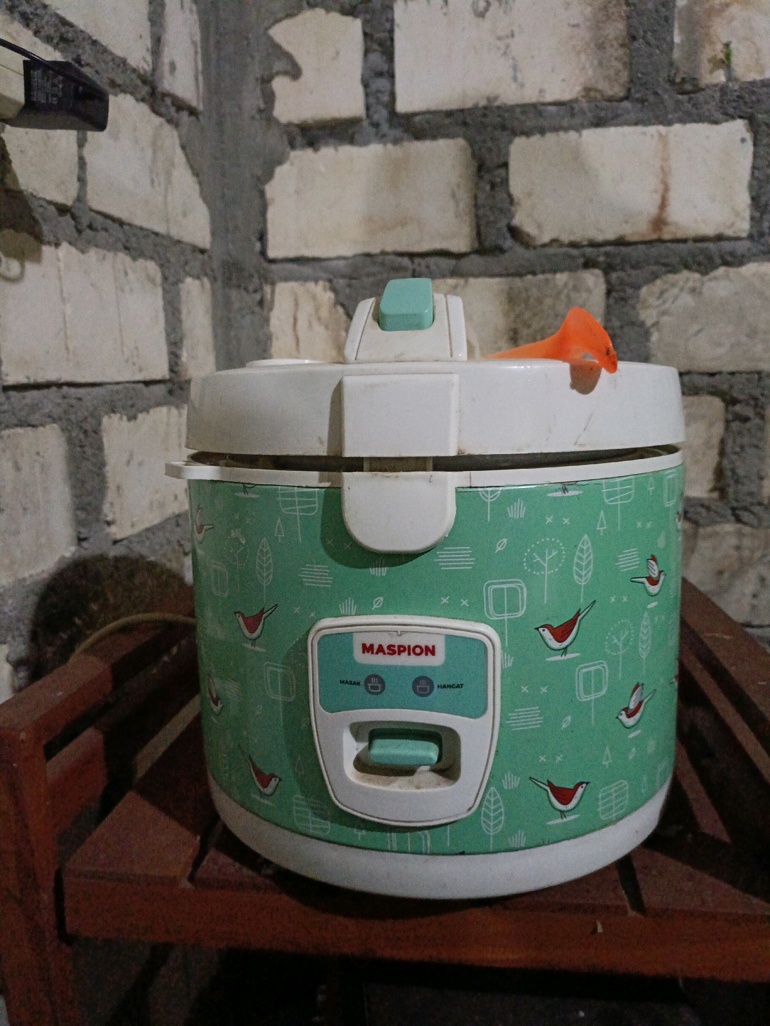 An orange plastic utensil is resting on the lid of a green rice cooker patterned with white trees and birds. The rice cooker is placed on a wooden surface, possibly a shelf or table, in front of a brick wall. The brick wall has rough, unfinished texture and is partially covered by shadows. The scene appears to be indoors, in a location that suggests a kitchen or storage area. This location is identified as Jenu, Indonesia.