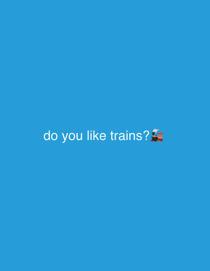 The image shows the text "do you like trains?" with a train emoji to the right. The background is a solid blue color. There is no information about Mölndal, Sweden in the image.