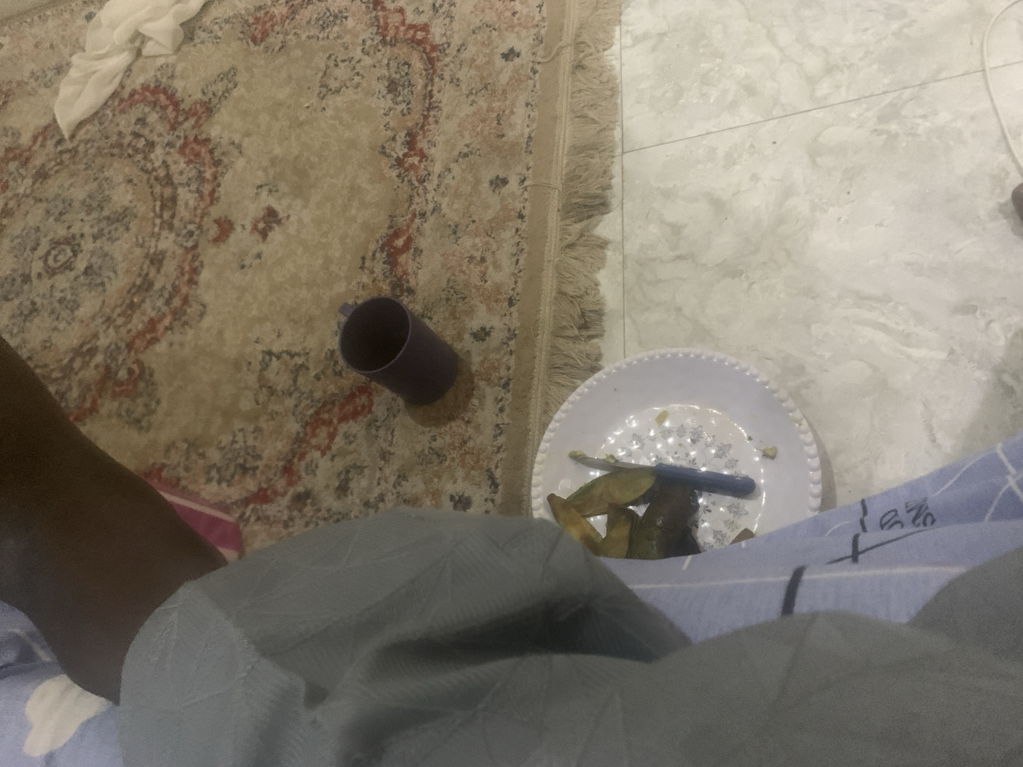 A dimly lit, indoor scene shows a person's dark-skinned arm and leg, draped in a grey garment, resting on a tiled floor and a patterned rug. On the rug, a dark purple cup sits near the edge of a white plate containing several pieces of what appear to be cut okra. A small, dark object, possibly a knife, is also on the plate. The rug has a fringe along its lower edge. The overall impression is that of a casual, domestic setting, possibly a living room, within the city of Kuson, Nigeria.