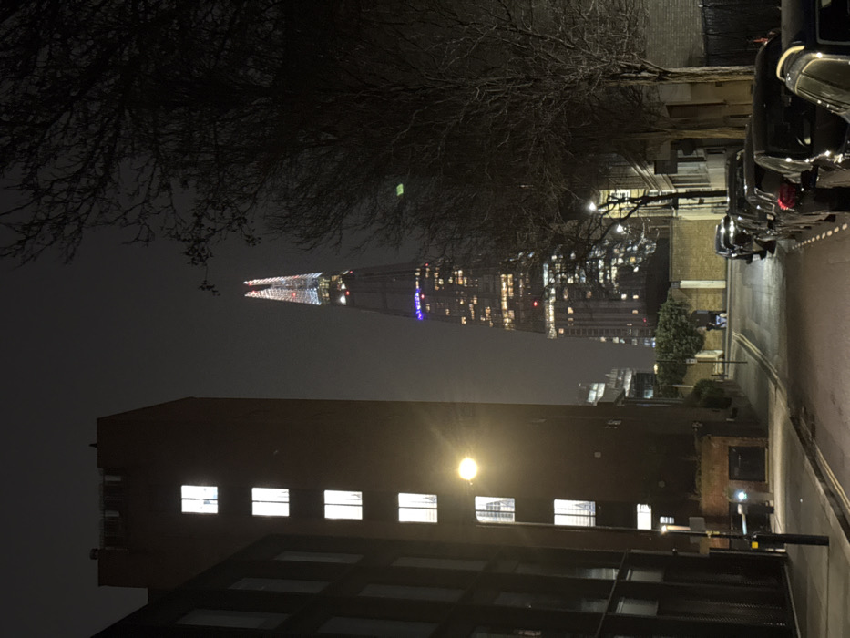 A nighttime cityscape features The Shard illuminated with lights. A darker building with lit windows is in the foreground, alongside bare tree branches overhead. A street with parked cars lines the right side, reflecting light. Streetlights provide additional illumination. The background shows other buildings with numerous lights, creating a dense urban scene. The image is rotated by 90 degrees clockwise.