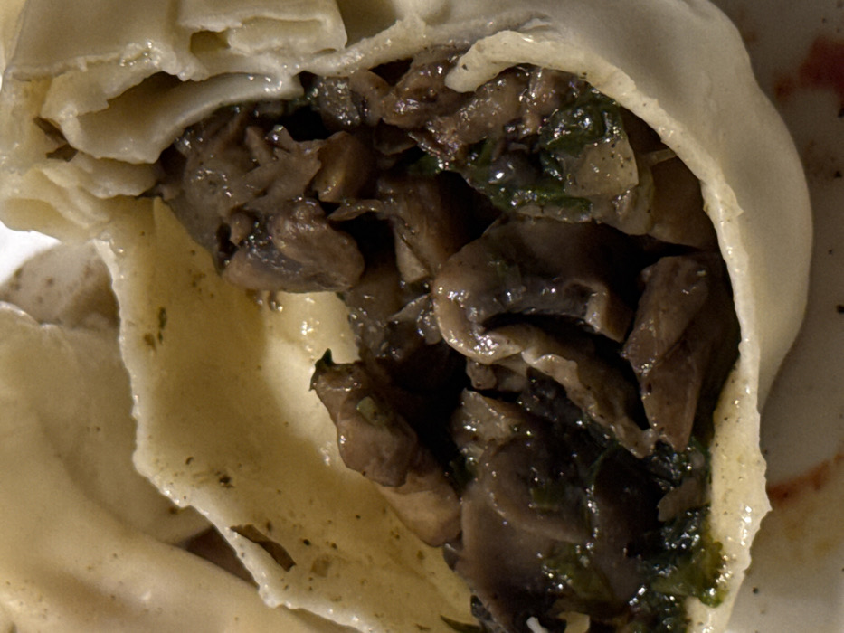 A close-up, top-down view depicts a partially opened dough parcel, characteristic of a Georgian khinkali. The off-white, pleated dough wrapper is torn to reveal its internal filling. The primary filling consists of dark brown, irregularly shaped pieces of cooked mushrooms, appearing moist and glossy. Scattered within the mushroom mixture are small, dark green fragments, consistent with herbs. The interior surface of the dough wrapper shows slight discoloration and wetness from contact with the filling. Additional, blurred portions of similar dough items are visible in the upper background. The food rests on a white surface, presumably a plate, with a faint reddish smear present in the lower right quadrant. This scene is reportedly located in the city of Tbilisi, Georgia. No people, active actions, or specific environmental features beyond the food and plate are discernible.