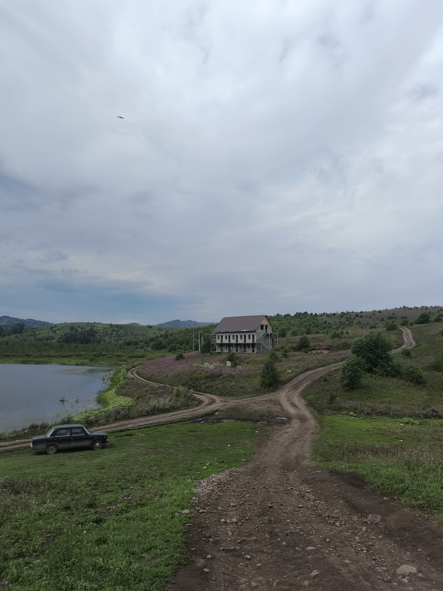 A dark sedan is parked on a grassy knoll next to a body of water. In the background, a multi-story building sits on a hill overlooking the water, with a dirt road winding up towards it. The sky is overcast, with clouds covering the sun. The landscape is hilly and covered in greenery, with scattered trees and patches of wildflowers. A bird is visible in the sky. The scene appears to be rural and serene, with a sense of isolation.