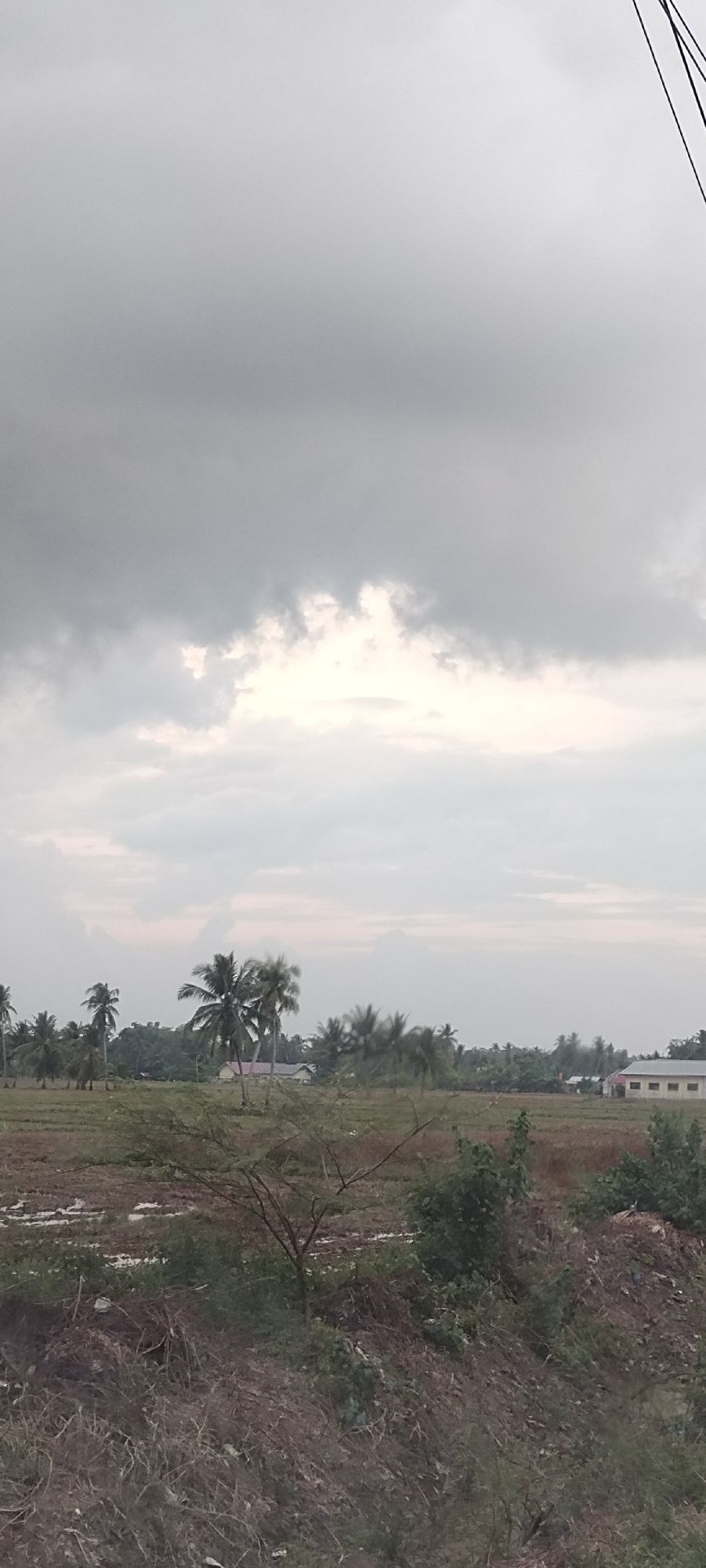 An outdoor, eye-level, medium shot captures a cloudy sky above a rural landscape in Peurupok, Indonesia. The sky is dominated by large, grey clouds with some patches of brighter light peeking through. Below the sky, a field with some vegetation and scattered palm trees extends into the distance. In the mid-ground, several buildings with light-colored walls and dark roofs are visible, partially obscured by the trees. The foreground features dry, brown brush and some green vegetation, suggesting a somewhat arid or uncultivated area. The overall scene depicts a tranquil, natural environment with signs of human settlement in the form of buildings.