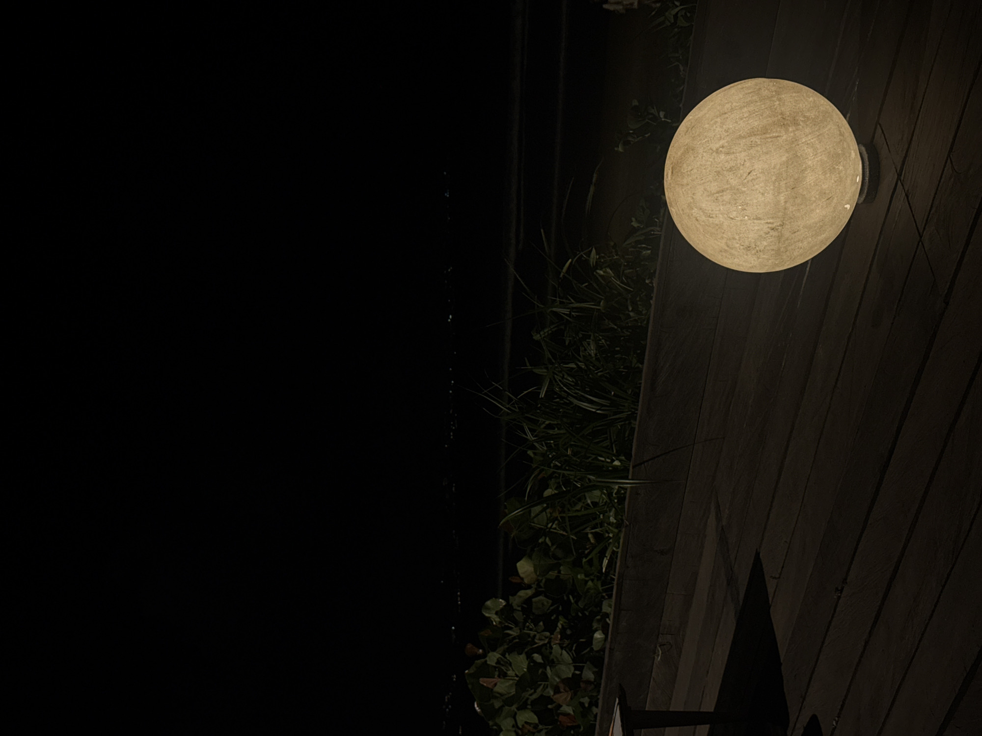 The image shows a dark outdoor setting in what appears to be North Kuta, Indonesia. On the right side of the frame, a glowing, spherical light fixture is mounted on a wooden surface. Lush green plants are visible between the light fixture and a dark vertical structure. The majority of the left side of the image is dominated by darkness. Fine details, like water droplets, are visible in the dark area, suggesting the presence of water.