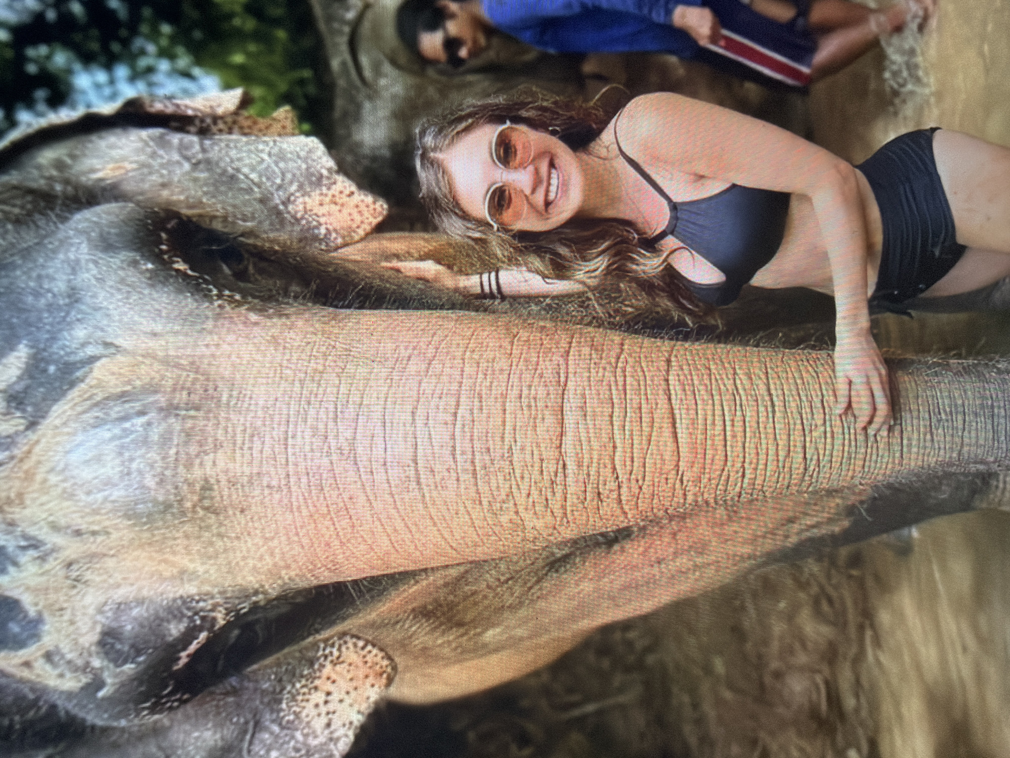 The image depicts an adult female interacting with an elephant in an outdoor, natural environment, identified as being in the city of Shumen, Bulgaria. The female subject, positioned on the right, wears a black two-piece halter-neck bikini and round, orange-tinted sunglasses. She smiles towards the viewer, with her right arm raised and hand resting near the elephant's head, and her left hand holding its trunk. The large, grey-skinned elephant occupies the left and central foreground, displaying its textured, wrinkled skin, a visible eye on the left, and a prominent trunk. In the right background, a male figure with sunglasses, a blue shirt, and dark shorts with red and white stripes is partially visible, appearing to stand in shallow water or muddy ground. The immediate environment consists of wet, brown earth or shallow water, with green foliage visible in the upper right portion of the background. The entire image exhibits horizontal scanning line artifacts.