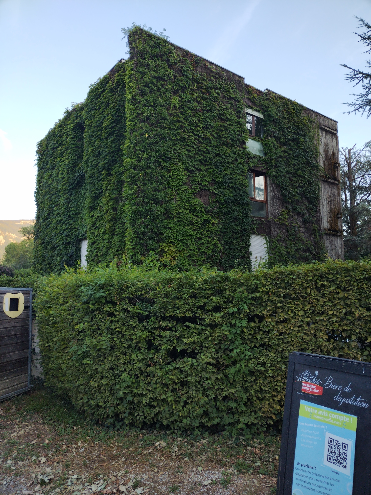 The image shows a building heavily covered in ivy, situated in Novalaise, France. The building appears to be a brewery or a similar establishment, as evidenced by the sign that reads "Brasserie Mont Blanc Bière de dégustation." A hedge runs along the front of the building, obscuring the lower portion of the structure. To the left of the building, a wooden fence with a yellow circular cutout is visible. In the foreground, a chalkboard sign displays information about customer reviews and includes a QR code for feedback. The environment appears to be outdoors, with trees and foliage surrounding the building. The sky is partly cloudy.