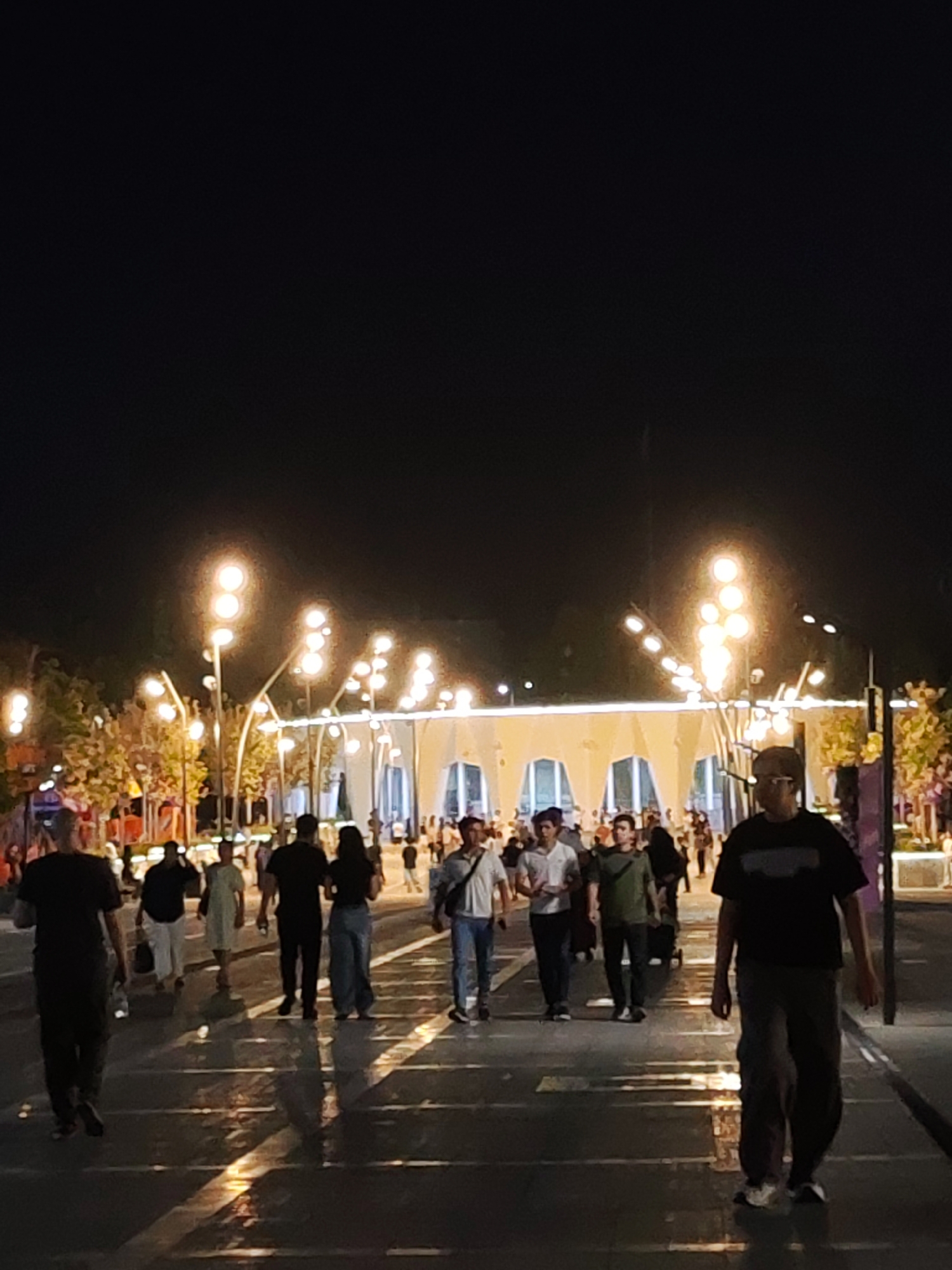 This is a nighttime photograph taken in Tashkent, Uzbekistan, likely along Amir Timur Street, an area known for its illuminated street lamps and pedestrian walkways. The scene captures a bustling urban environment with numerous people walking along a wide, reflective pavement. The pavement is illuminated by the overhead streetlights, casting long, dramatic shadows that stretch across the ground, creating a dynamic visual effect.
In the foreground, a man wearing a dark t-shirt and grey pants walks towards the camera, his face obscured by shadow. To his left, a group of people are also walking, including a person in a black t-shirt and blue jeans and another in a white t-shirt. Further down the walkway, more individuals and small groups are visible, some dressed in casual attire, others in more formal clothing. The background features a row of modern buildings with large arched windows and decorative lighting, suggesting a commercial or entertainment district. Trees with autumn foliage, illuminated by the artificial lights, line the walkway, adding a touch of nature to the urban setting. The overall atmosphere is one of a vibrant evening scene in a well-lit, modern city.
