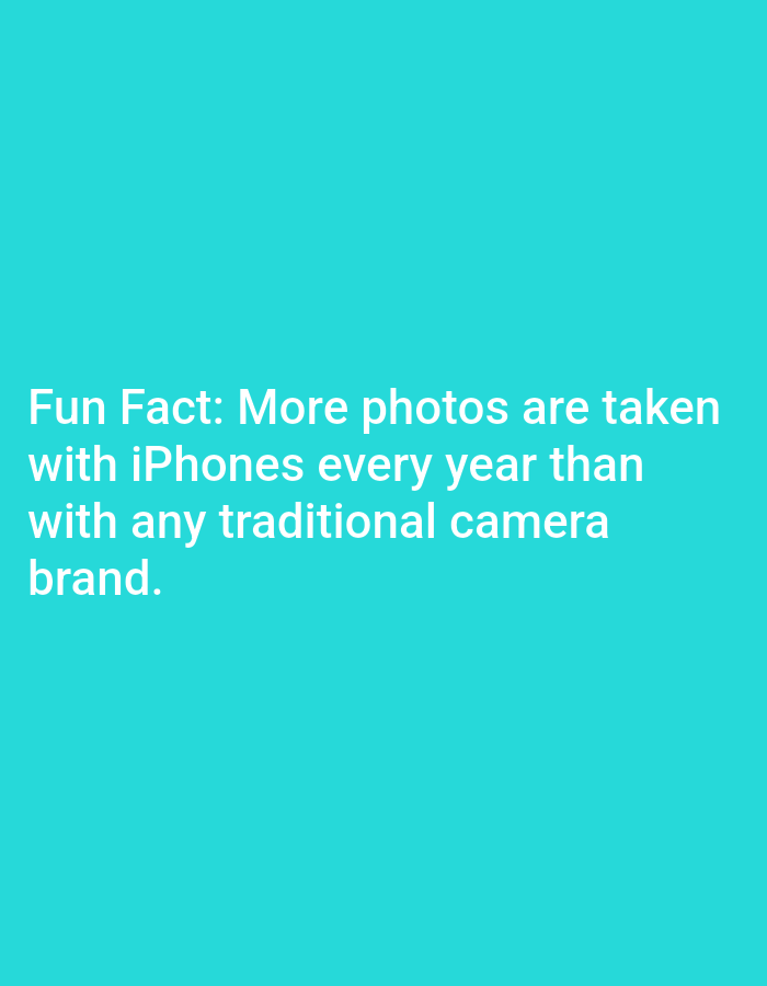 The image displays text on a teal background. The text reads: "Fun Fact: More photos are taken with iPhones every year than with any traditional camera brand." The image does not depict any specific location in Lagos, Nigeria, nor does it contain any people, subjects, objects, or actions. It is solely a textual graphic.