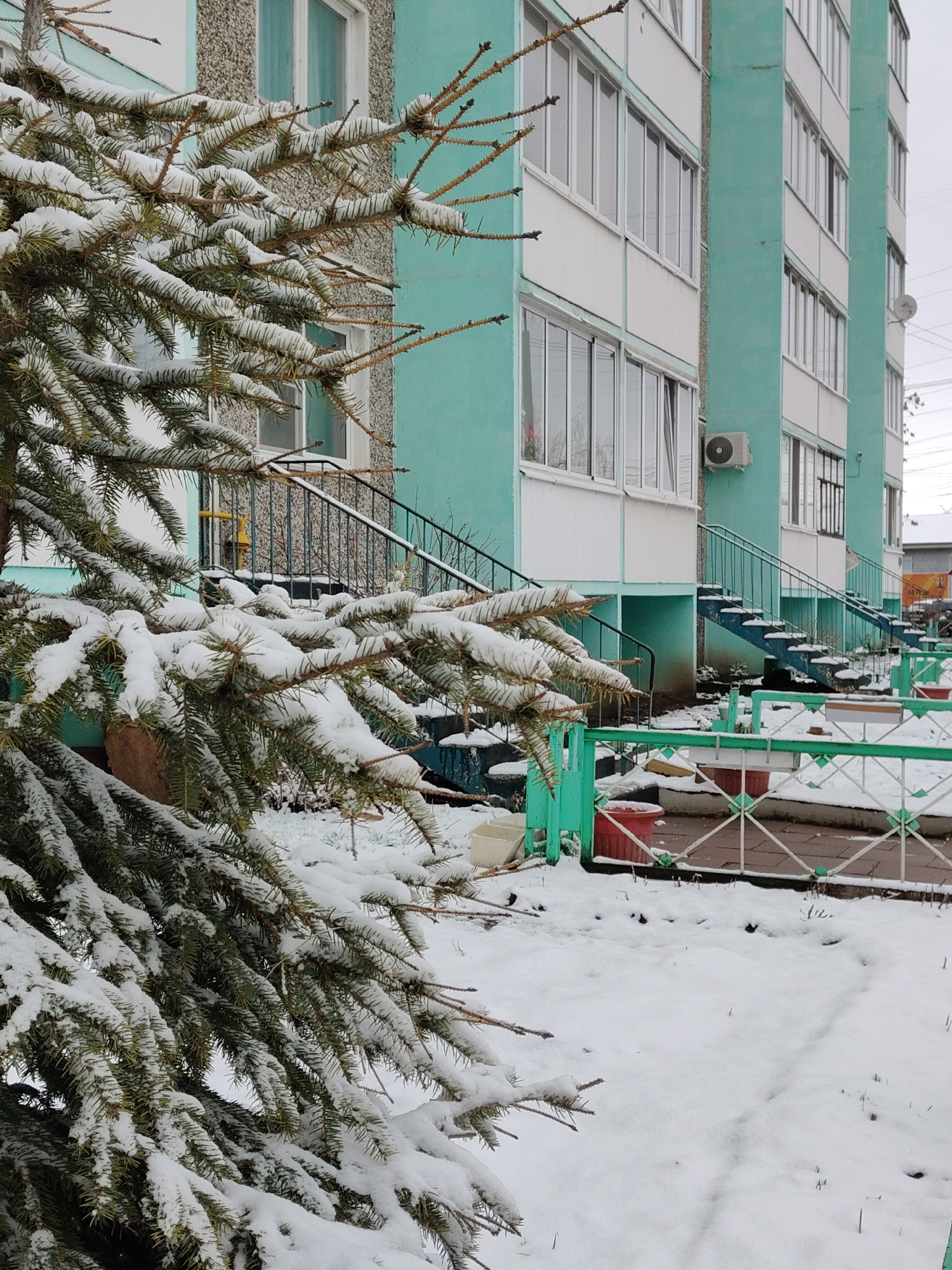 The image captures a winter scene in an urban environment. The foreground features a snow-covered coniferous tree, its branches heavily laden with snow. Behind the tree, a light blue and white apartment building stands, with exterior staircases leading to elevated entrances on each floor. The staircases and railings are also covered in snow. A fence, painted green and white, partially encloses the front of the building, with decorative red planters visible along the fence line. The ground is completely blanketed in snow, and the sky appears overcast. The location is Unknown, Unknown.
