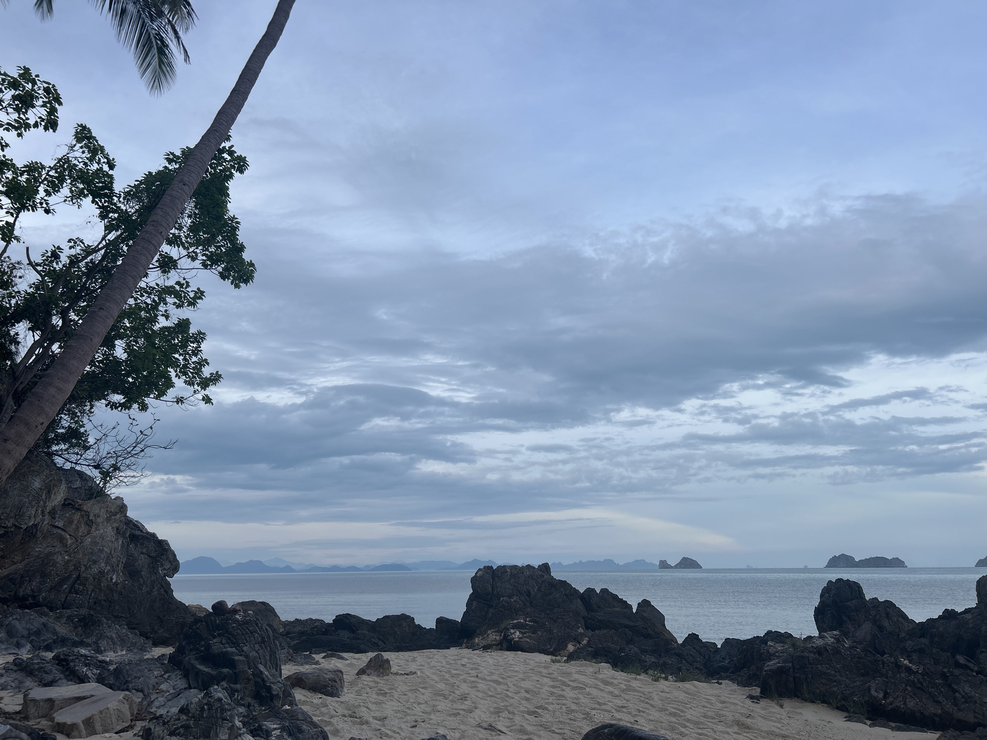 The image depicts a beach scene in Baan Taling Ngam, Thailand, under an overcast sky. The foreground features a rocky shoreline with dark, jagged rocks interspersed with patches of light-colored sand. A slender palm tree, leaning diagonally to the left, is partially visible on the left side of the frame, with its trunk partially obscured by dense foliage. The sea extends into the midground, with several small islands or rock formations visible on the horizon. A subtle light reflection, possibly sunlight, can be observed on the water near the horizon. The sky is filled with layered gray clouds, creating a muted and somber atmosphere.