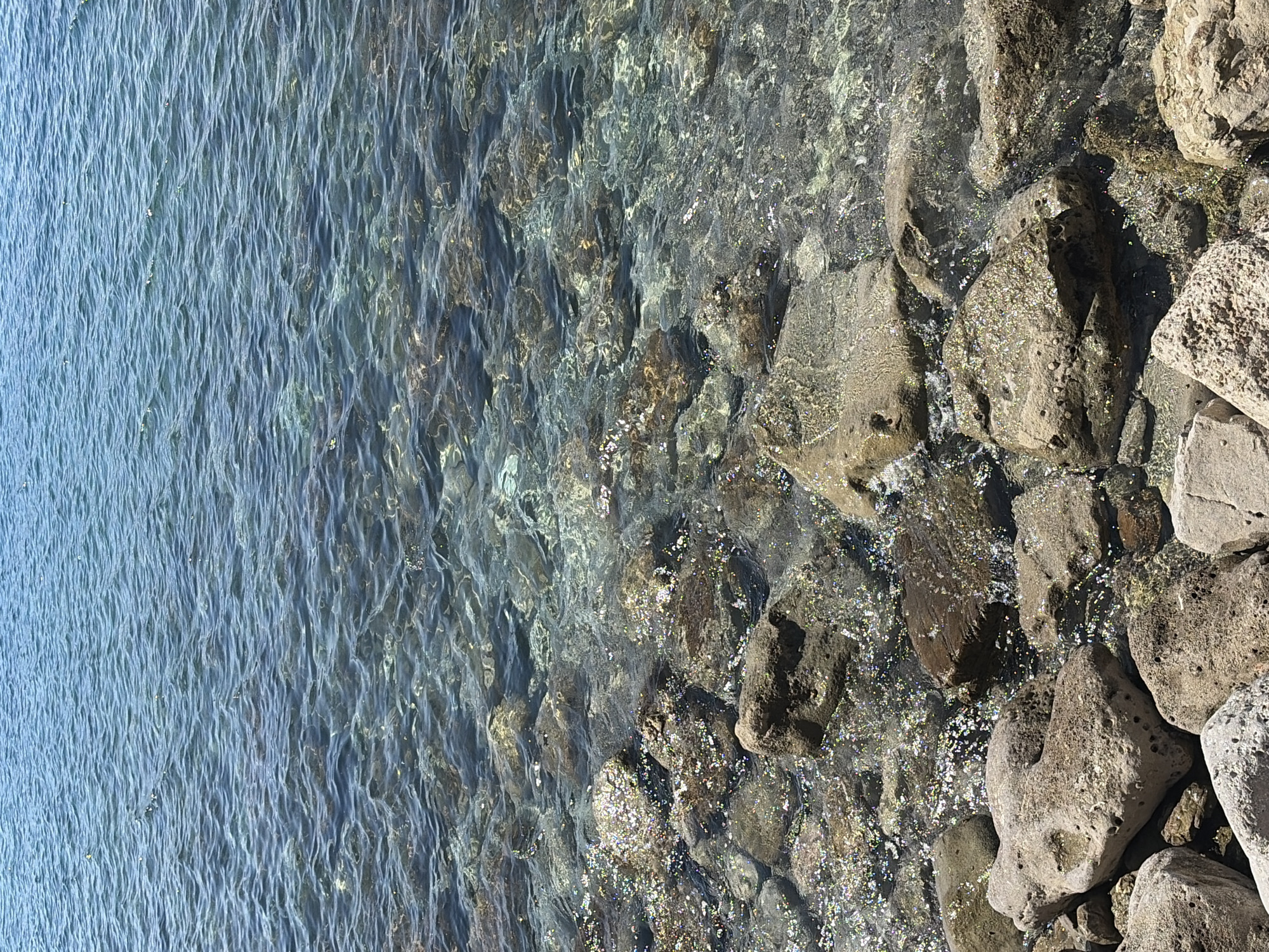 The image depicts the edge of the Adriatic Sea meeting the rocky shore in Budva, Montenegro. Clear, blue-tinged water washes over the rocks, its surface rippling with small waves. The rocks vary in size and texture, some appearing porous and rough, others smooth and water-worn. The waterline is sharply defined, with the transition from the relatively calm sea to the exposed rocks. No people or animals are visible. Sunlight sparkles on the water's surface, creating bright highlights.