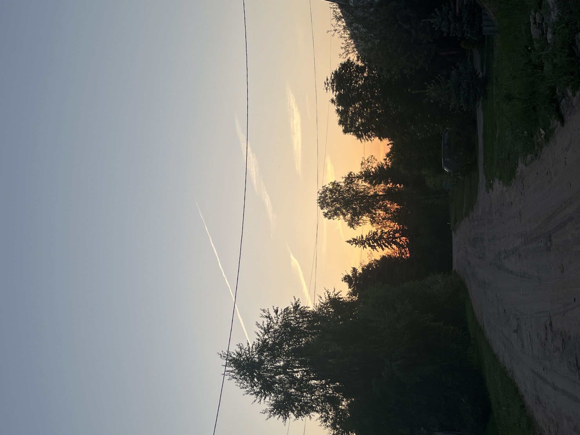 The image shows a dirt road in Chaikovsky, Russia, flanked by trees and foliage, leading into a wooded area. The sky above is a mix of light blue and orange from the setting sun, with contrails from airplanes visible. Power lines stretch across the sky. The image is taken from a low angle.