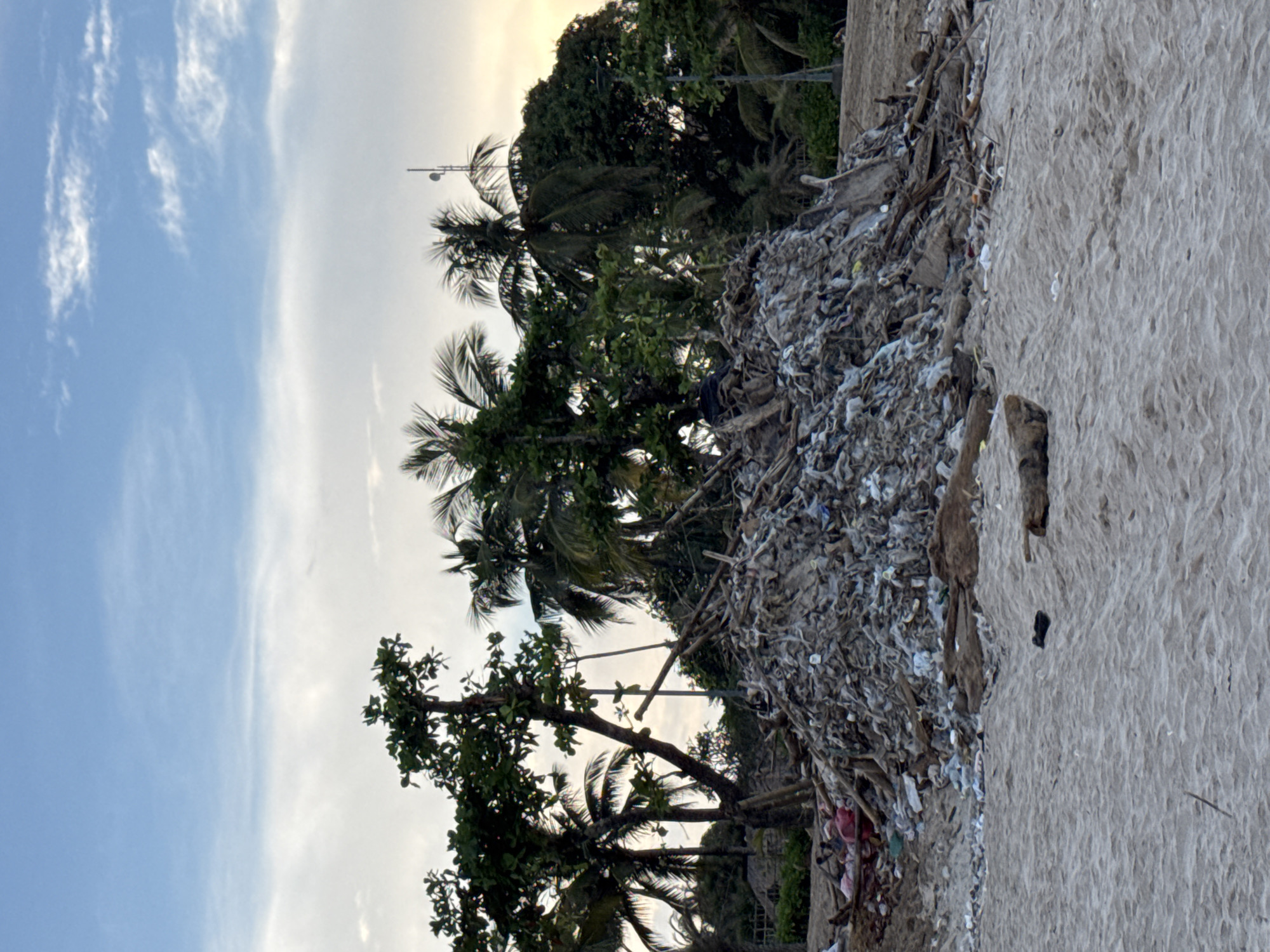The image depicts a beach scene in Jimbaran, Indonesia, heavily polluted with trash and debris. A large accumulation of waste material is visible on the sand, extending towards a backdrop of tropical trees including several palm trees. The sky is partially clear with some cloud cover. The scene appears to be a neglected coastal area impacted by waste accumulation.