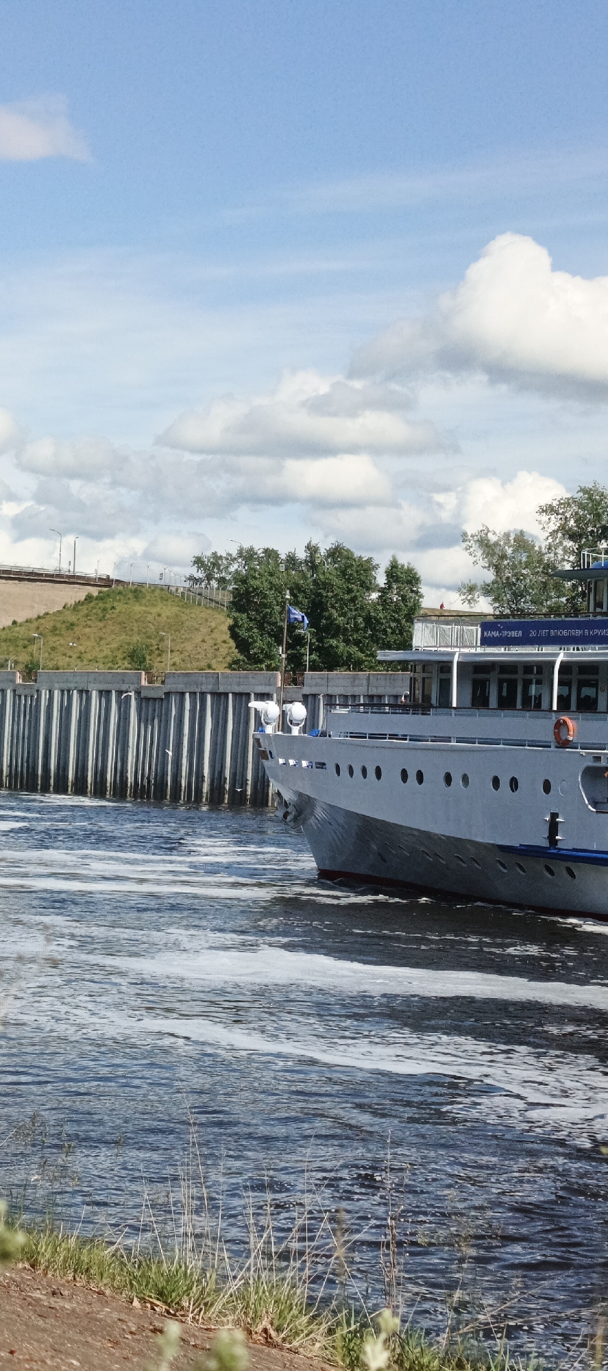 The image captures a section of a river in an urban setting. The predominant feature is a large passenger ship navigating the waterway, leaving a noticeable wake. The ship is light-colored with evenly spaced portholes along its hull. On the ship's upper deck, there is a sign with Cyrillic lettering.
On the riverbank, a vertical concrete structure acts as a pier or embankment. Behind it, a grassy hill is topped with sparse trees and a lamppost-lined walkway. The sky is partly cloudy with a mix of blue sky and white, billowy clouds.
The foreground shows terrestrial vegetation, which suggests the vantage point is from a slightly elevated position on land.