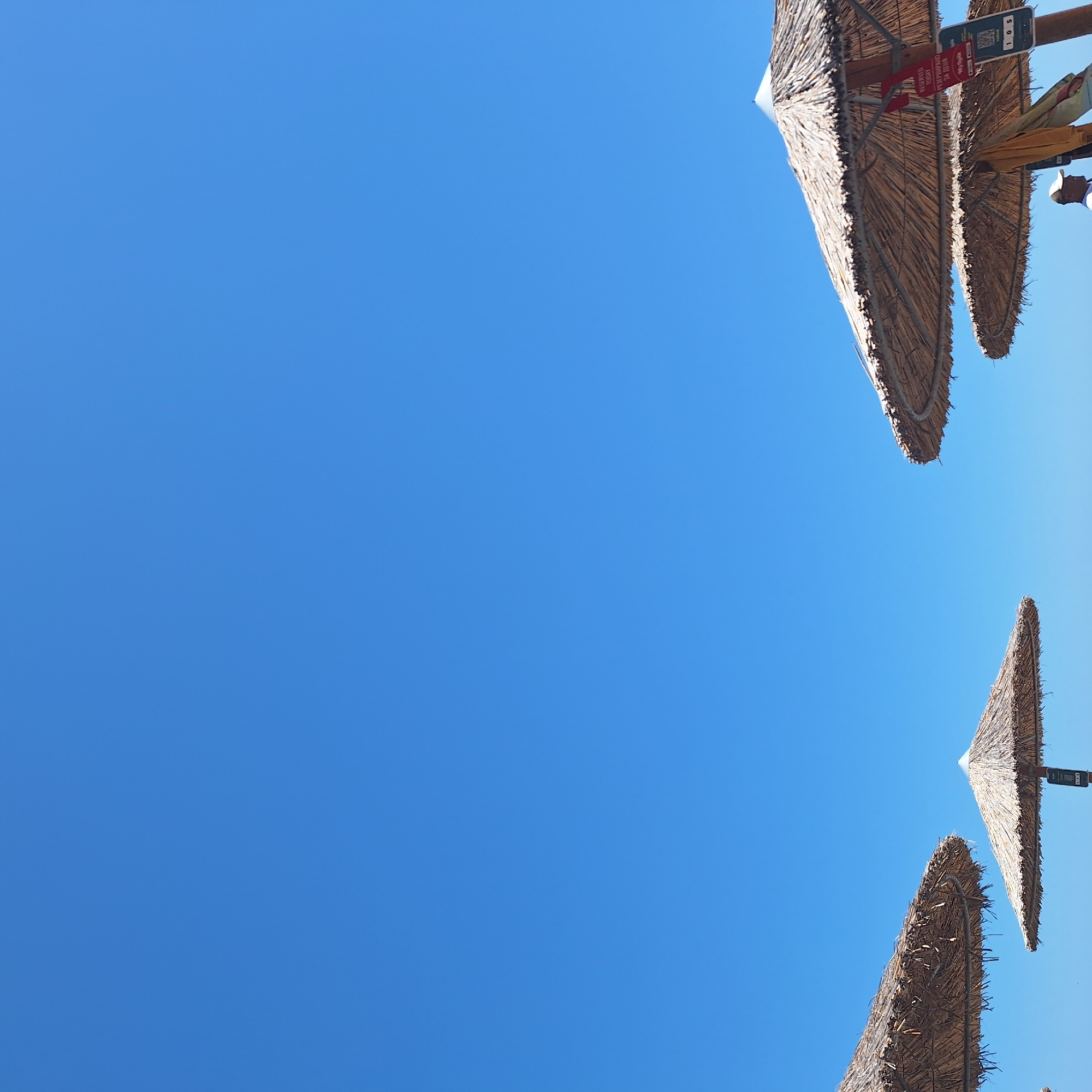 This is a low-angle, full-shot photograph of a clear blue sky with several thatched beach umbrellas in the foreground. The umbrellas are positioned along the bottom edge of the frame, with two larger ones on the left and right, and a smaller one in the middle distance. The umbrella on the right has a sign attached to its pole with Cyrillic writing, indicating it is a reserved spot. A person wearing a white shirt and a cap is partially visible under the right umbrella. The scene suggests a sunny day at a beach resort, likely in Burgas, Bulgaria, given the context. The environment is a beach, with the sky taking up the majority of the frame.