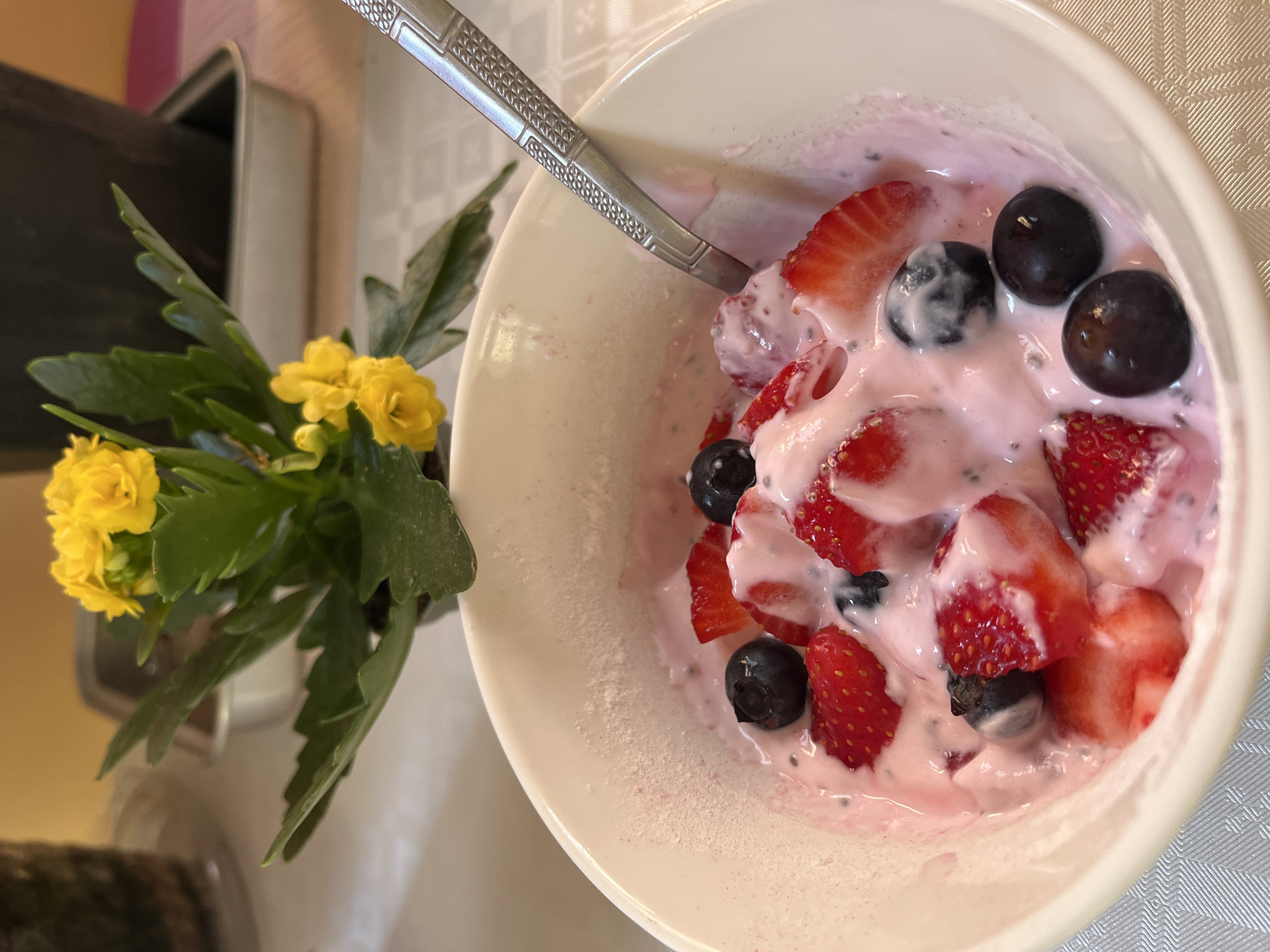 This image presents an inviting, high-angle view of a healthy meal or snack set indoors in Alanya, Turkey. The central focus is a white bowl generously filled with creamy, pink-hued yogurt, which appears to be mixed with fresh ingredients. Sliced strawberries and whole blueberries are plentifully scattered throughout the yogurt, alongside visible black specks, likely chia seeds, adding texture and nutritional value. A silver spoon with an intricately patterned handle rests within the bowl, suggesting the meal is ready for consumption or is in the process of being enjoyed.
To the left of the bowl, a small, vibrant potted plant adds a natural element to the scene. It features clusters of bright yellow flowers and lush green leaves with serrated edges, possibly a Kalanchoe plant. The plant is partially obscured by the background, which includes a dark, indistinct object that might be its pot or part of the surrounding environment.
The bowl and plant are placed on a light-colored surface, which appears to be a tablecloth or placemat, exhibiting a subtle, geometric textured pattern. The lighting is bright and consistent, indicating the image was likely taken during the daytime. There are no people visible, no strong emotions conveyed, and no visible text within the frame. The overall composition suggests a fresh and pleasant dining experience.