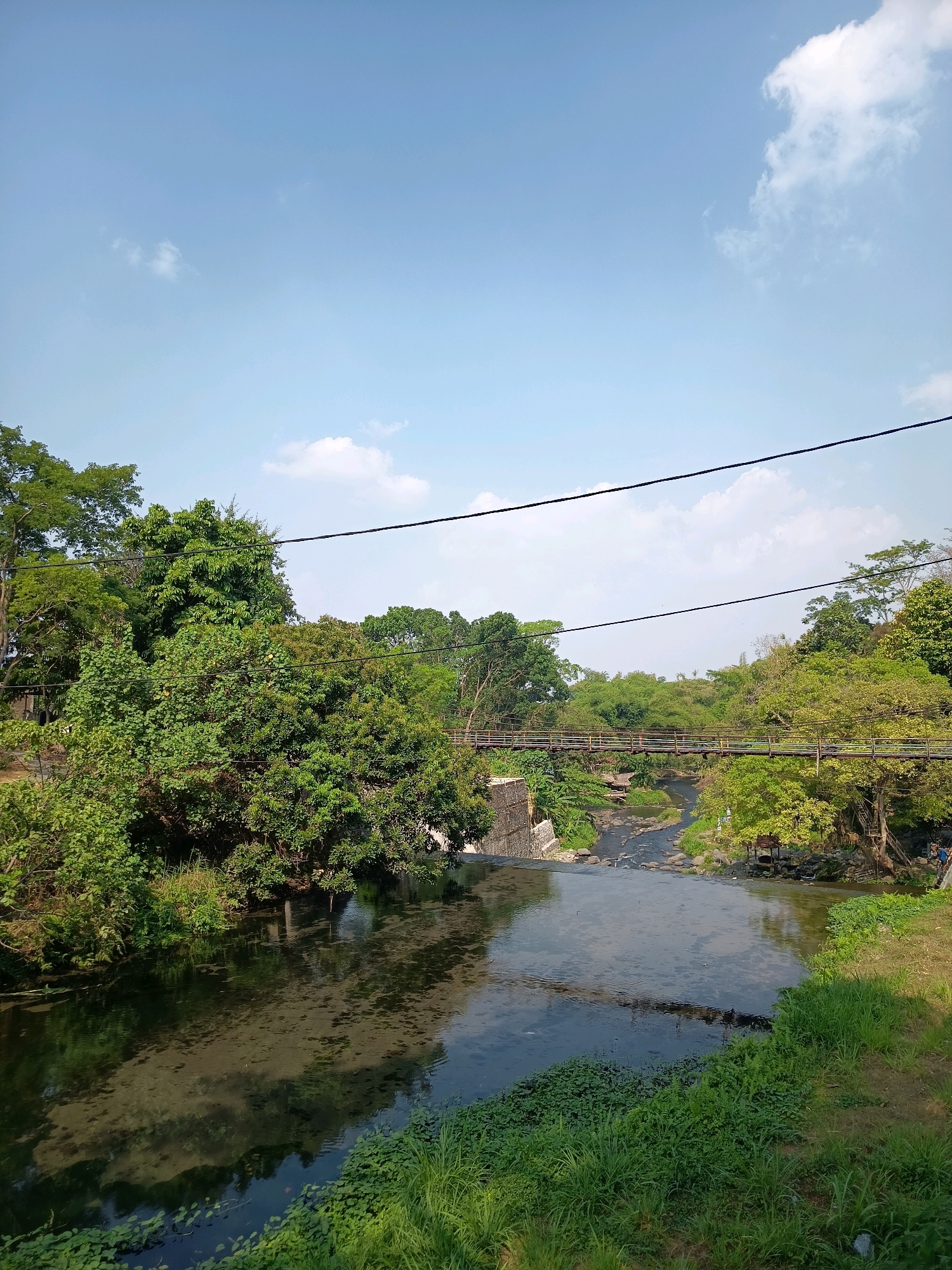 The image shows a picturesque view of the Tlogo River in the city of Wangen, Indonesia. The river flows through a lush green landscape, with dense trees lining its banks. A wooden suspension bridge spans the river, with a small waterfall cascading down rocks beneath it. The water is clear, allowing a view of the rocky riverbed. The sky is a brilliant blue, dotted with fluffy white clouds. The scene is tranquil and inviting, suggesting a perfect day for outdoor activities.