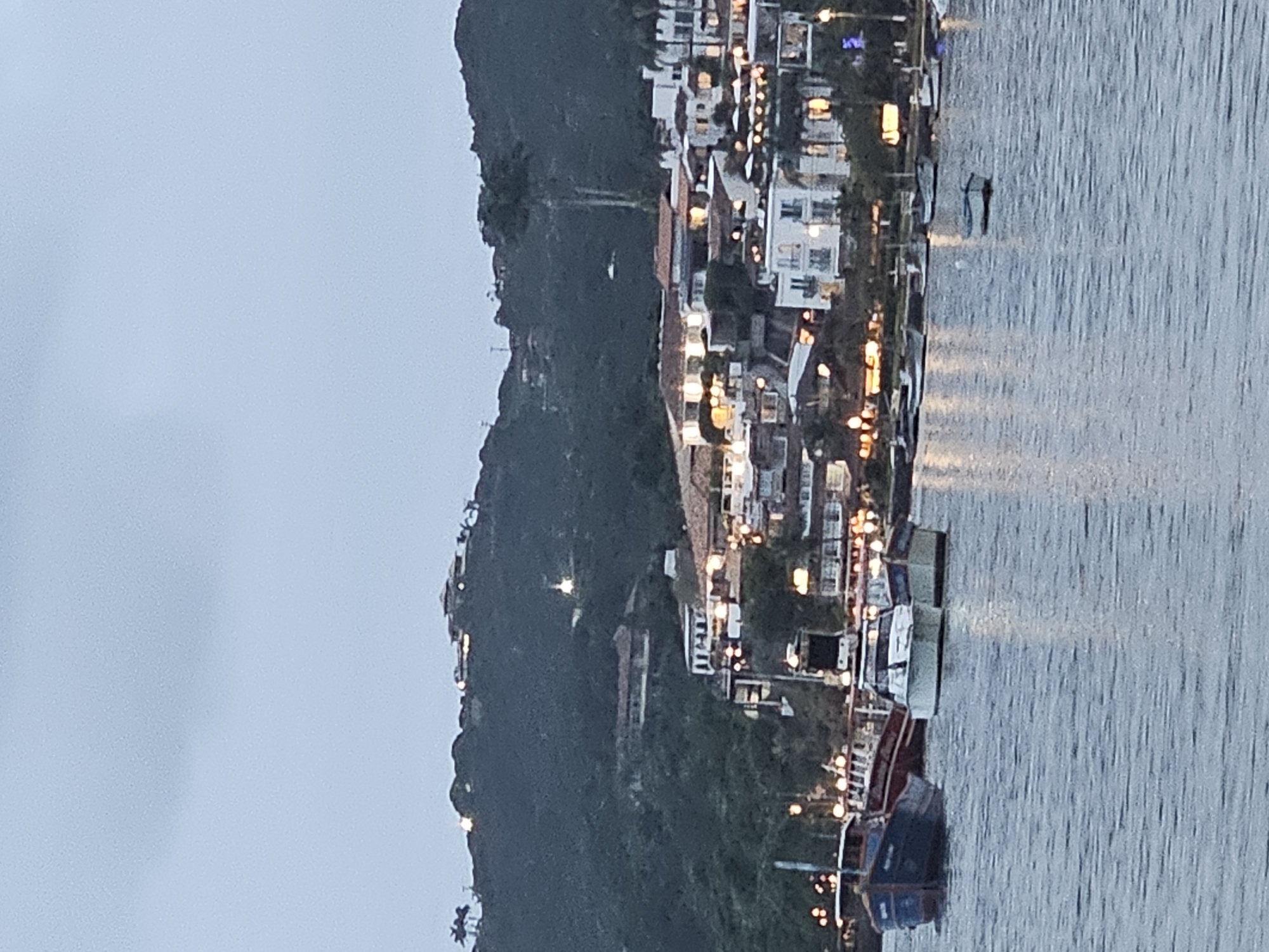 The image depicts a nighttime scene in Armação Dos Búzios, Brazil. The foreground is dominated by a body of water, likely the ocean, with gentle ripples visible on its surface. Along the waterfront, several boats are docked, some appearing to be fishing vessels with dark blue or red hulls.
On the left side of the image, a verdant hill rises, dotted with residential buildings and illuminated by streetlights and the warm glow of indoor lighting. The density of the buildings increases toward the center of the image, transitioning into what appears to be the main part of the town, which is brightly lit. The architecture consists primarily of white-washed buildings with red tile roofs.
The sky is overcast and a pale blue-grey color.