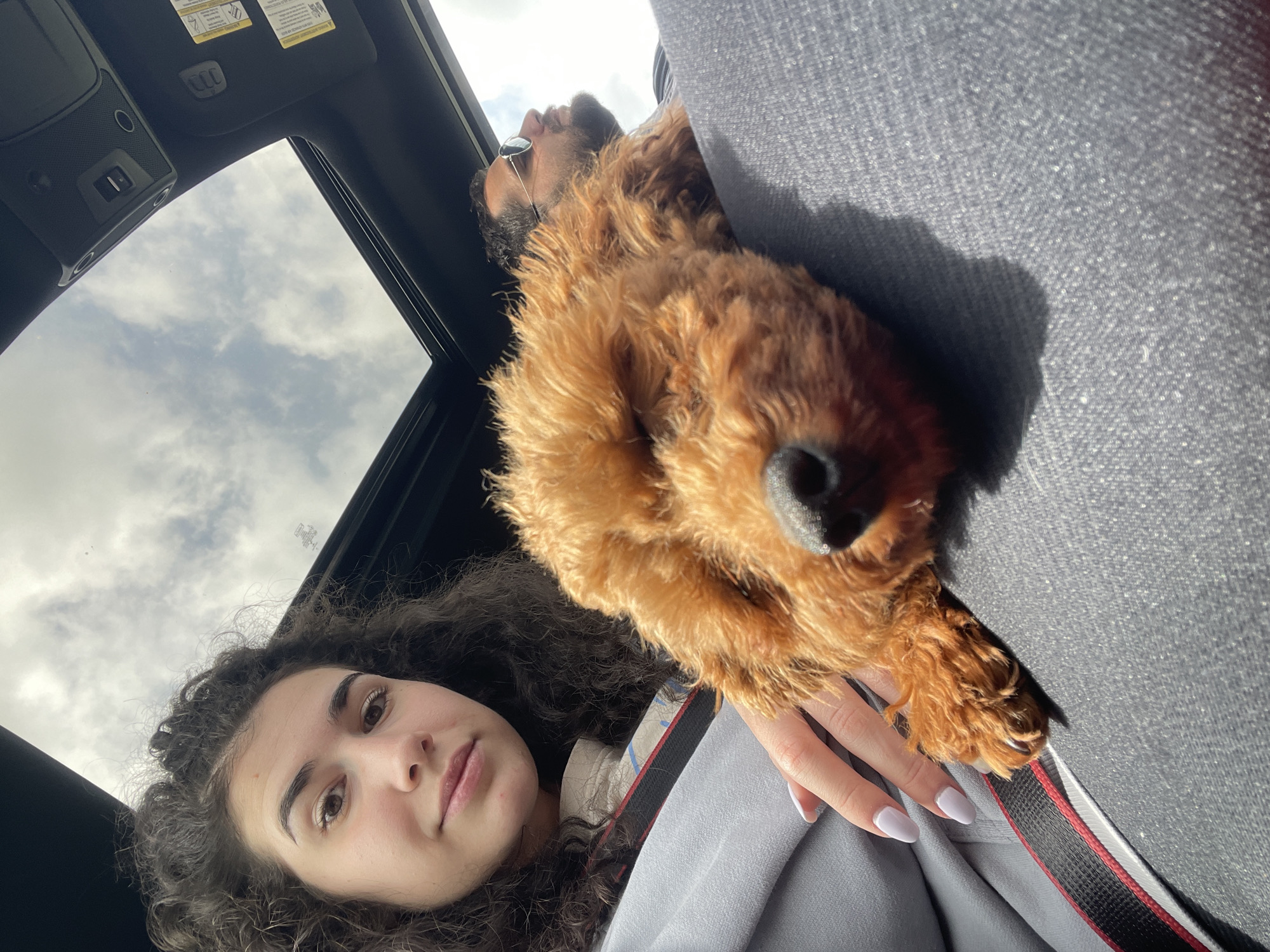 A woman with curly dark hair is looking at the camera while seated in a car with an open sunroof. Next to her, a reddish-brown dog is resting on the lap of a man wearing sunglasses, who is looking up through the sunroof. The environment is the inside of a car, with a view of the sky and clouds through the sunroof. No specific location in Batanovtsi, Bulgaria, can be determined from the image.