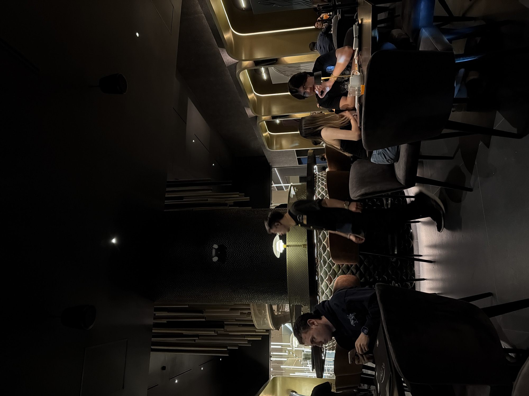 The image depicts an indoor scene within a modern, dimly lit restaurant, bar, or lounge, likely in the evening or at night. Several individuals are seated at tables, engaged in casual activities.
In the foreground, a man with short dark hair, wearing a dark hoodie with a subtle white emblem, is looking down, possibly at a phone. A smartwatch is visible on his left wrist. Further back, another man in a black t-shirt is looking forward, seemingly at a screen or another person, with a ring on his left hand. A woman with long blonde hair is seated to his right, partially visible from behind, with a drink on her table. In the mid-ground, another man in a black t-shirt is seen looking to his left.
The setting features contemporary design with prominent architectural details. Golden-colored, curved wall panels with integrated strip lighting run along the upper sections of the walls, casting a warm glow. Dark, possibly upholstered, chairs with sleek frames are arranged around dark tables. The walls also feature dark, textured coverings and decorative wooden slat panels. Small, circular spotlights are visible on the dark ceiling and walls, and a dark speaker is mounted on one wall. The floor is dark, possibly tiled or concrete.
The people appear relaxed, socializing or individually occupied, with some looking at their electronic devices. No discernible text is visible on any objects or attire. The overall atmosphere suggests a contemporary social gathering space. The location context is San Bernardino Tlaxcalancingo, Mexico.