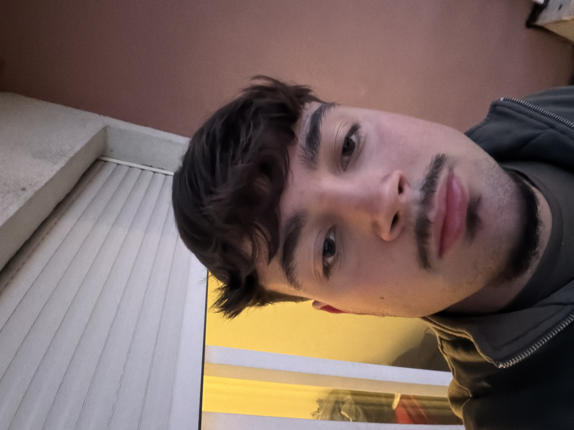 A close-up, slightly angled, selfie captures a young man with dark hair, styled in a casual wave across his forehead. He has light skin, dark eyebrows, and a trimmed mustache and beard. He is wearing a dark green hooded jacket. The background is a mix of indoor and possible outdoor elements. White vertical blinds are visible on the left, and what appears to be a light-colored wall or ceiling is at the top. Through a window, there is a yellowish glow and hints of objects within a room. There is no indication of the location being Bragança, Portugal.