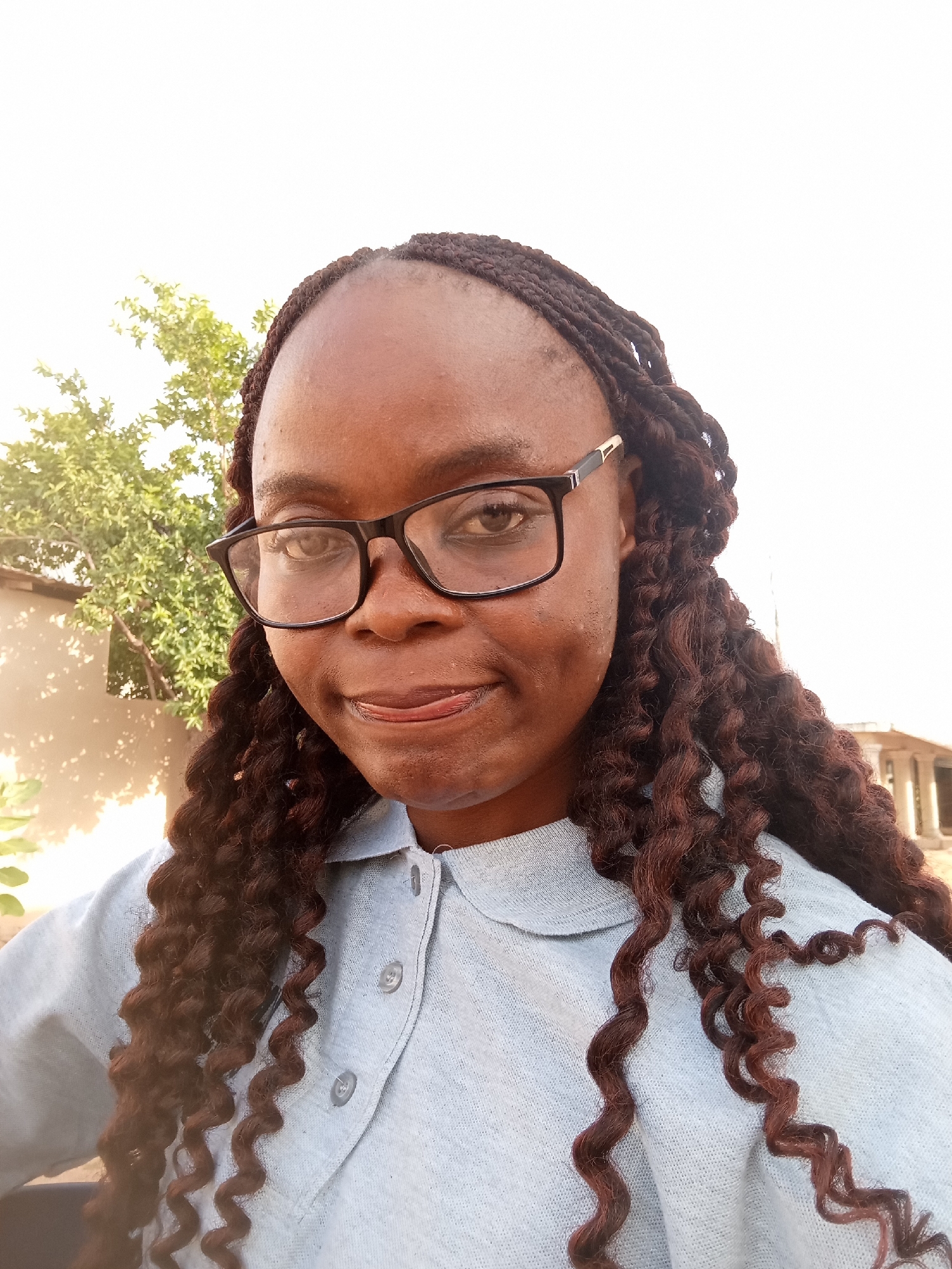 This is a close-up, outdoor selfie of a woman with dark skin and dark, braided hair. She is wearing black-rimmed glasses and a light blue collared shirt with buttons. Her hair is styled in long, curly braids that fall down her shoulders and chest. She has a playful expression, with her tongue slightly sticking out. Dimples are visible on her cheeks.
The background is slightly blurred, but suggests an outdoor setting with natural light. A green tree with sunlight filtering through its leaves is visible on the left. Behind that, a light-colored wall with shadows indicates a building. The sky is bright and overcast, suggesting it is daytime, possibly late morning or early afternoon, and the weather is fair. The overall impression is of a casual, candid moment.
The image was captured in Jalingo, Nigeria. No text is visible in the image.