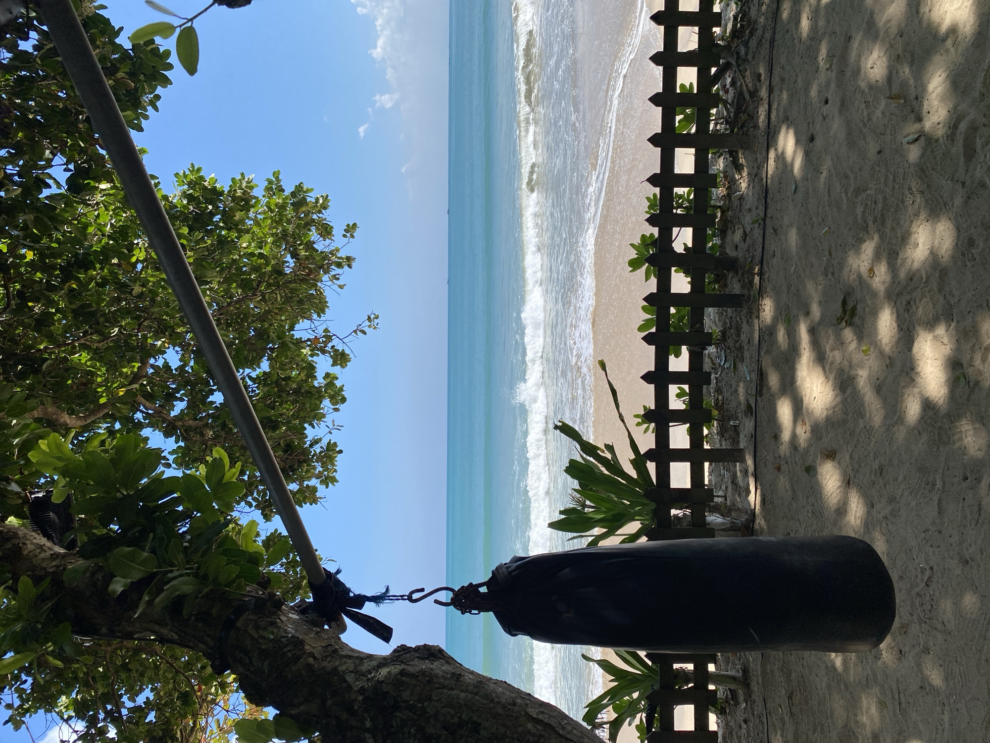 This image captures a vibrant, sunny tropical beach scene, likely located in Kuta Selatan, Indonesia. The upper portion of the frame is dominated by a clear blue sky, dotted with a few wispy white clouds, indicating fine weather.
Horizontally across the middle, the serene turquoise ocean extends to the horizon, meeting a light sandy beach. Gentle white waves are visible as they roll onto the shore.
In the foreground, on the left side of the image, a large tree with abundant green foliage and a textured, thick trunk extends into the frame. A dark, cylindrical object, resembling a punching bag or a similar heavy hanging item, is suspended from one of the tree's robust branches by ropes and a metal hook. This object hangs in the lower-left section of the view.
To the right, a rustic wooden picket fence runs parallel to the coastline, acting as a boundary. Beyond the fence, an expanse of sand is visible, featuring distinct dappled shadows from overhead trees or foliage, suggesting strong sunlight. A few green plants are also seen growing near the fence.
The scene conveys a peaceful and idyllic atmosphere. There are no people visible, and no specific activity is taking place beyond the natural movement of the waves. The bright light and clear shadows indicate that it is daytime, likely midday or early afternoon. No visible text is present in the image.