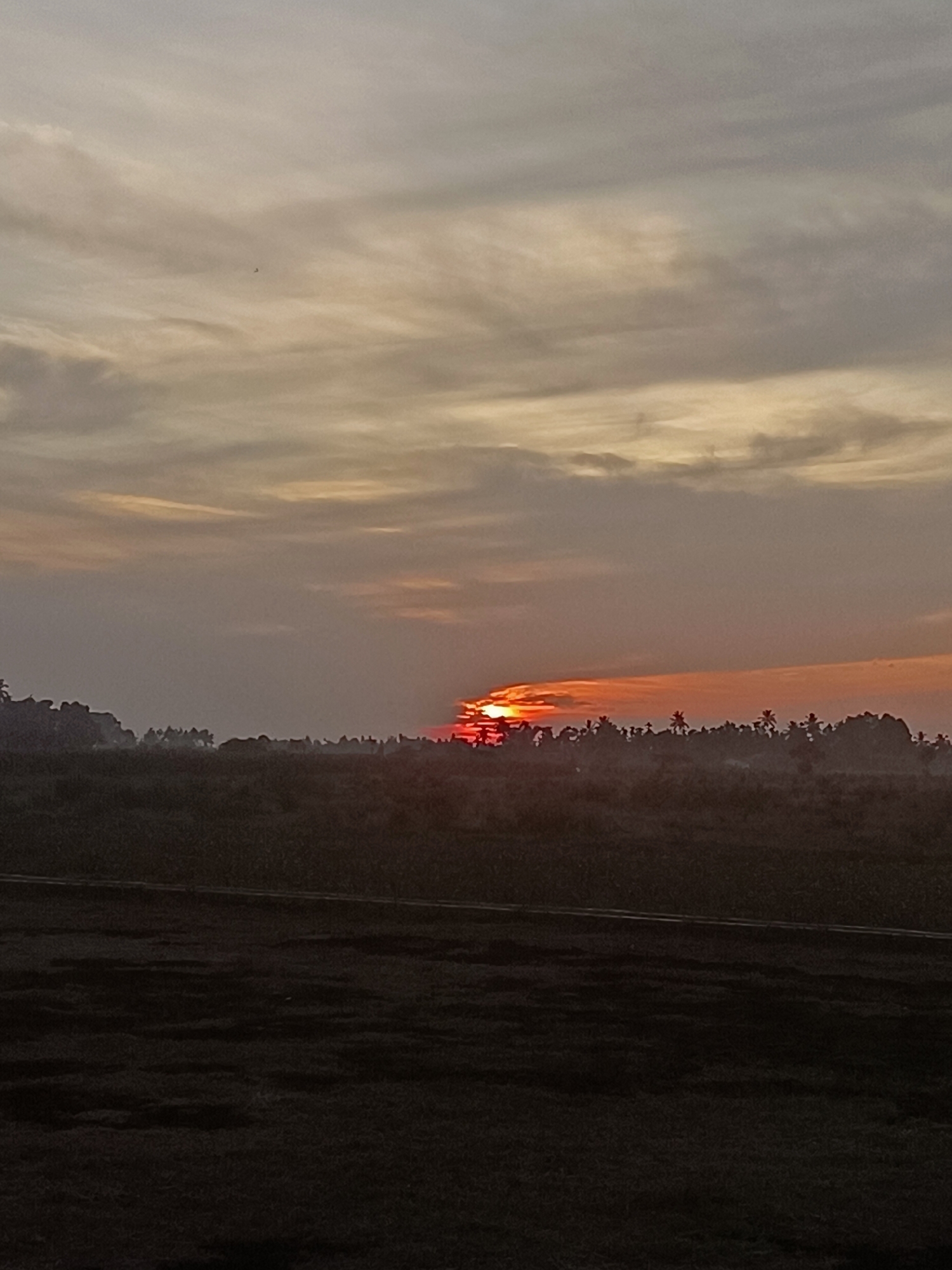 A sunset is captured over a rural landscape in Meunasah Pupu, Indonesia. The sky is filled with clouds tinged with orange and yellow hues as the sun, a bright red orb, partially dips below a line of trees and vegetation. The foreground consists of dark, textured land, possibly a field or unpaved ground, with a subtle horizontal line running through it. Silhouetted palm trees and other foliage are visible against the colorful sky. The overall atmosphere is serene and natural, characteristic of a tropical evening.
